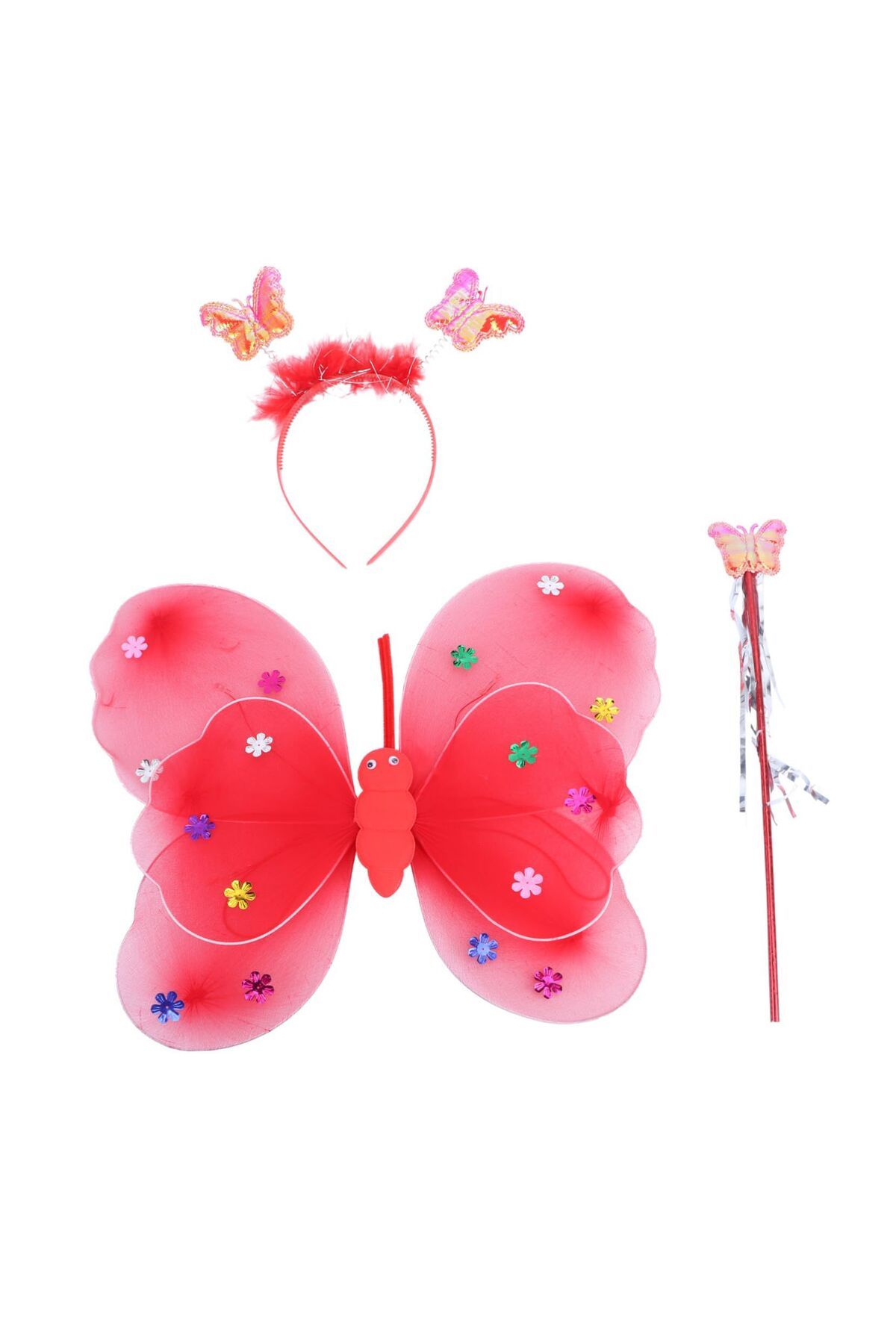 MODA PİNKJOY KIRMIZI PULLU KELEBEK KANAT ASA TAÇ 3' LÜ SET