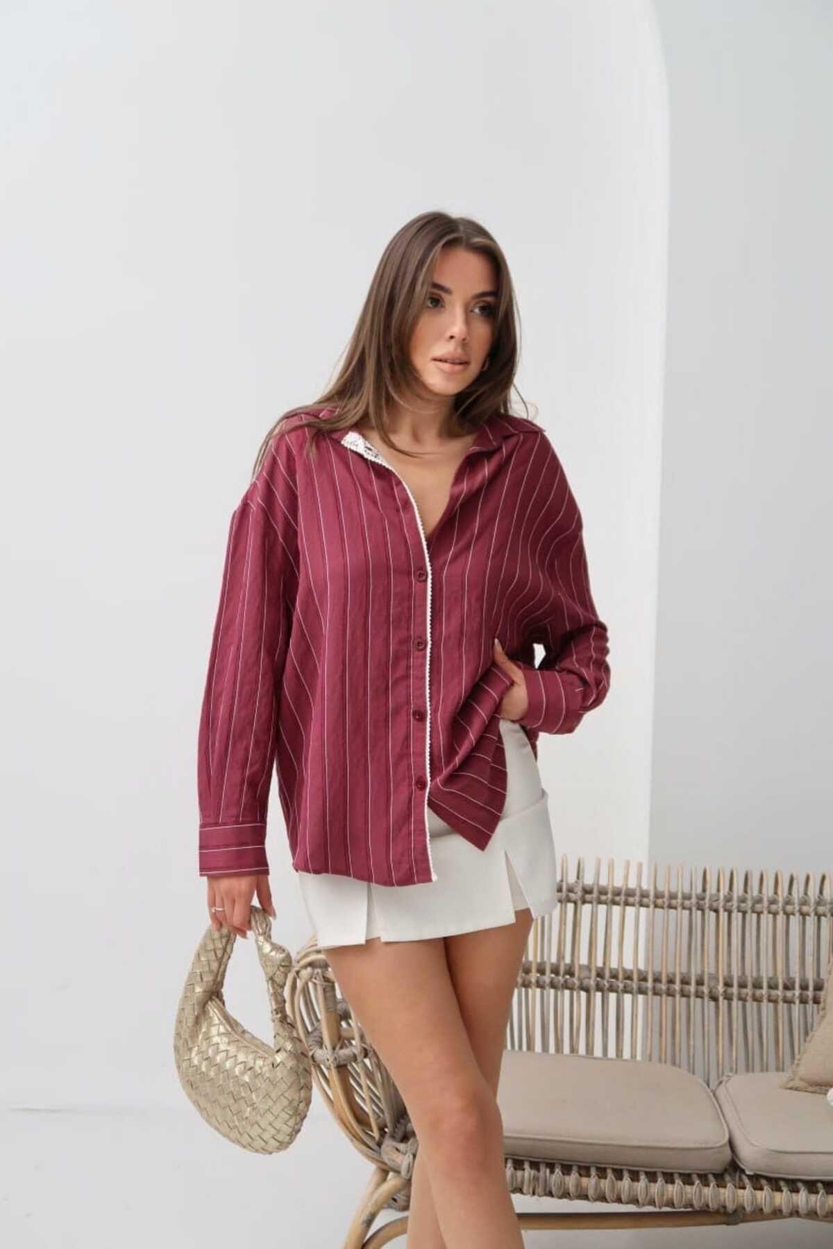 DAFFODİL Dokuma Modal Çizgili Dantel İşlemeli Oversize Gömlek