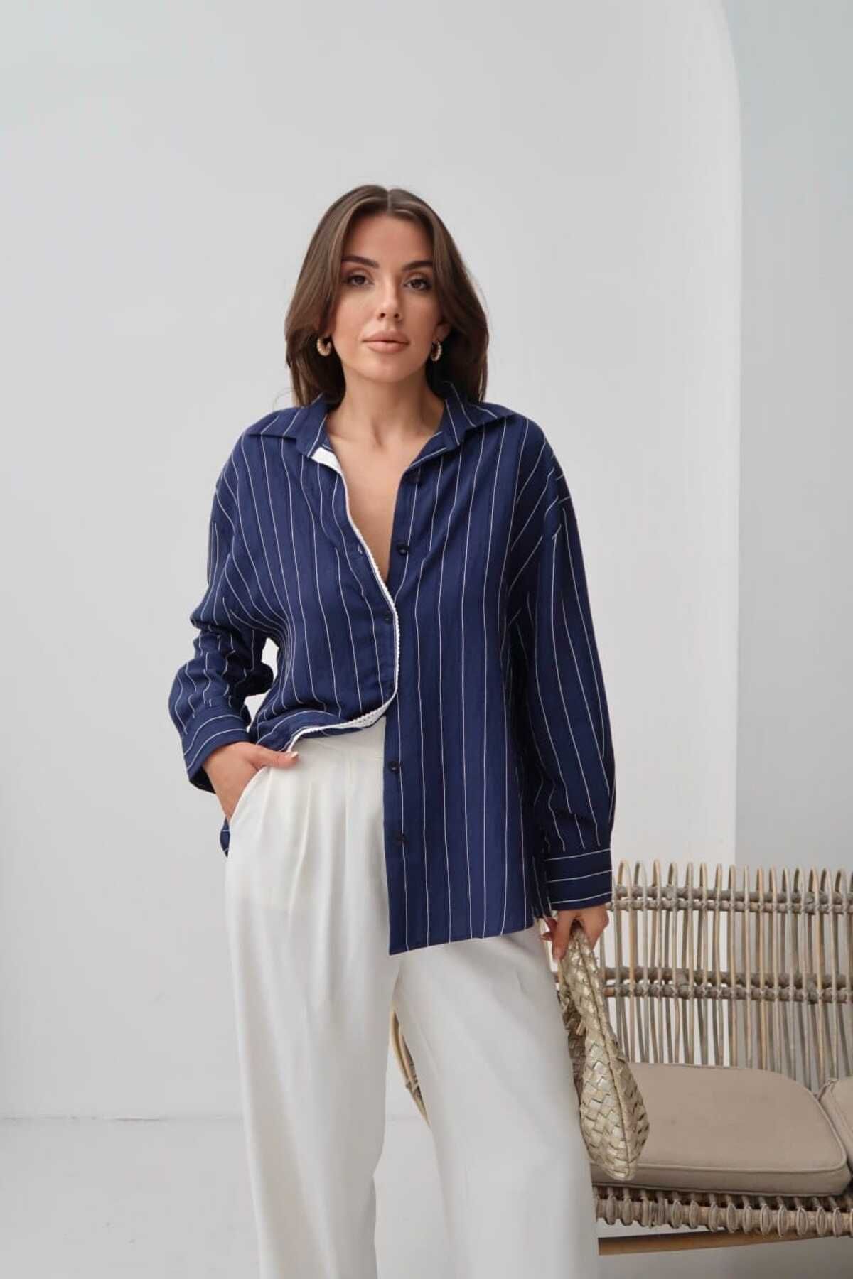 DAFFODİL Dokuma Modal Çizgili Dantel İşlemeli Oversize Gömlek