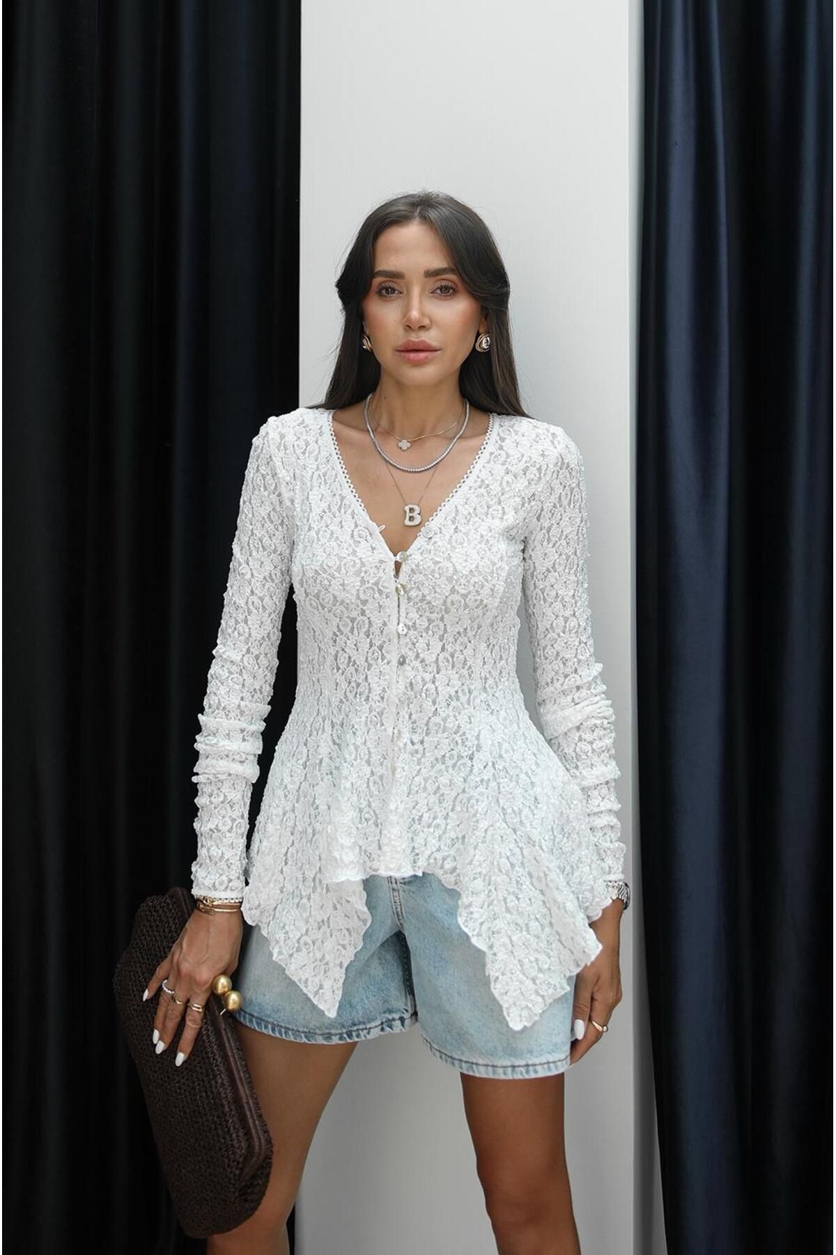 Havoş Ekru Peplum Dantel Hırka