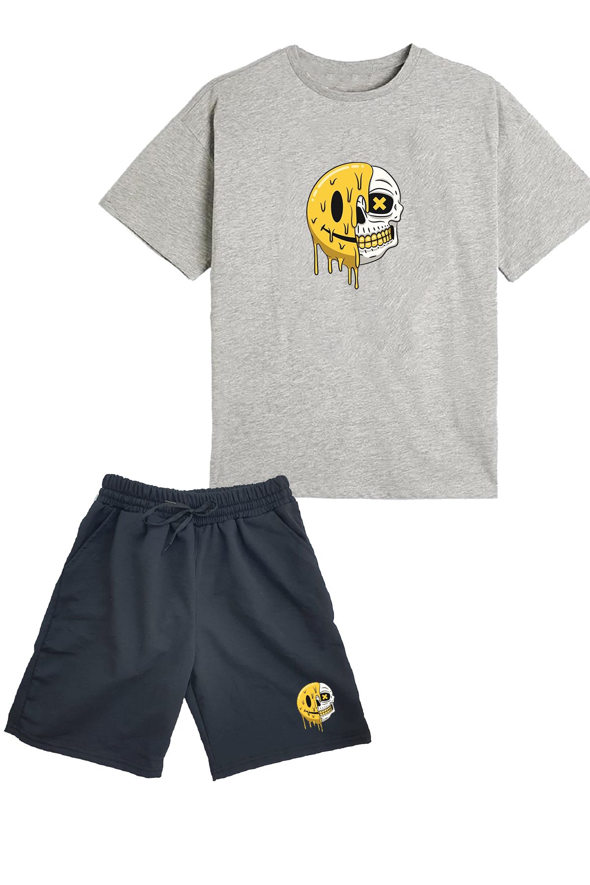 makiteks Pamuk 2'li Set Düz Renk Erkek Kadın Unisex Regular Şort Ve Tshirt Tişört Sarı Smile Pain