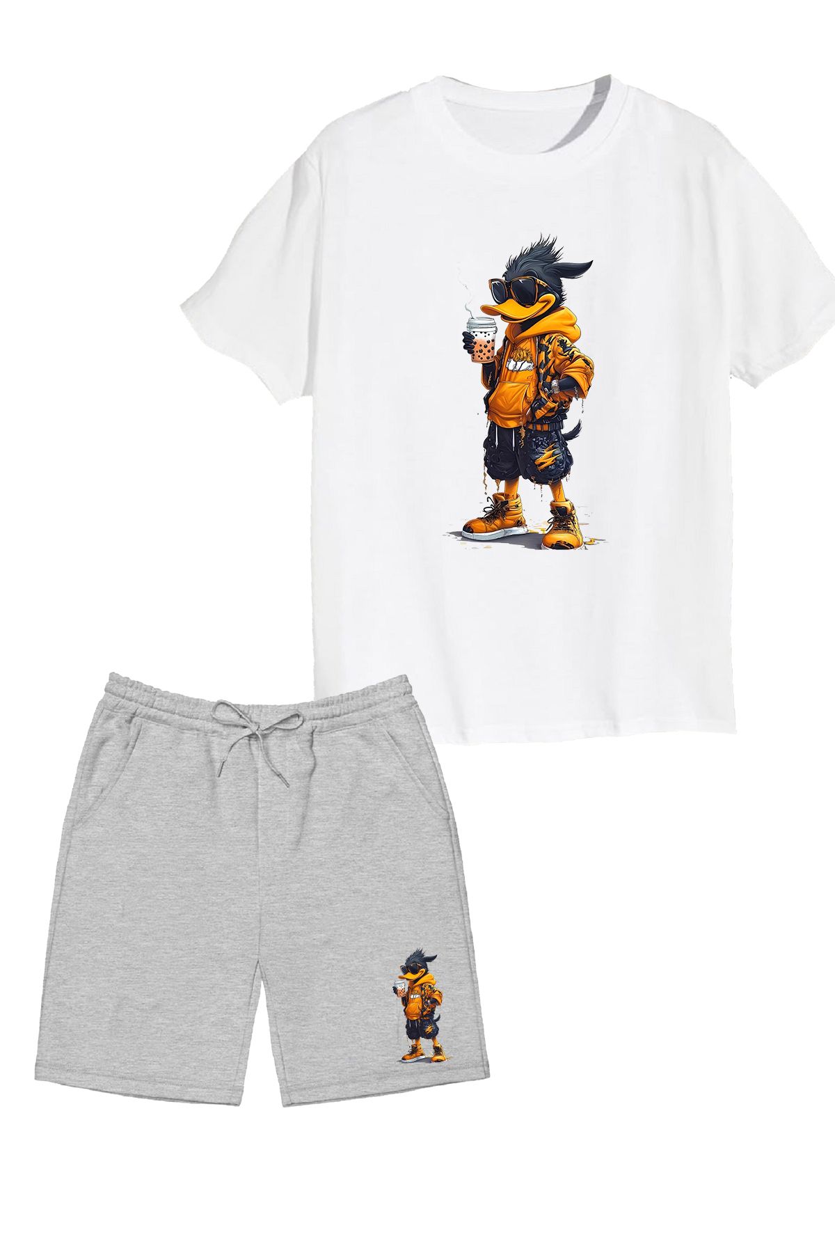 makiteks Pamuk 2'li Set Düz Renk Erkek Kadın Unisex Regular Şort ve Tshirt Tişört Crazy Duck Drink