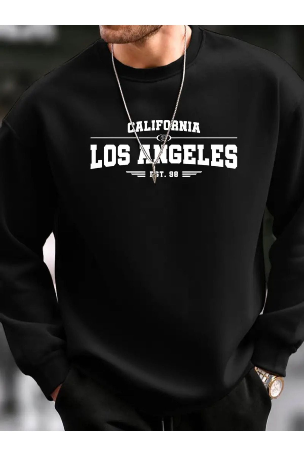 DEAG Erkek Uzun Kollu Bisiklet Yaka Los Angeles Yazılı Iki Iplik Bluz