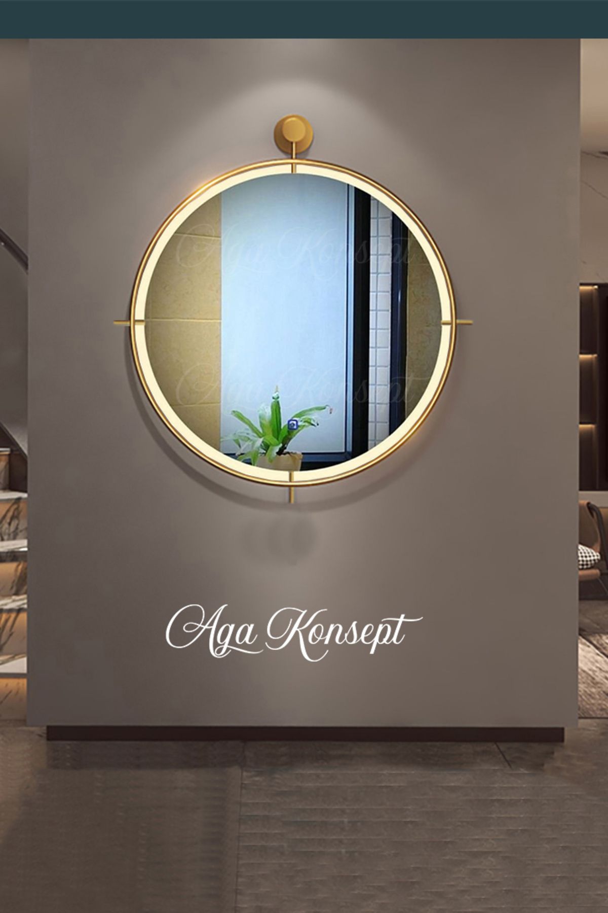 AGA KONSEPT LED li Simirna Ayna GOLD 60 cm Dekoratif Hol Koridor Duvar Salon Mutfak Banyo Wc Ofis Makyaj Aynası