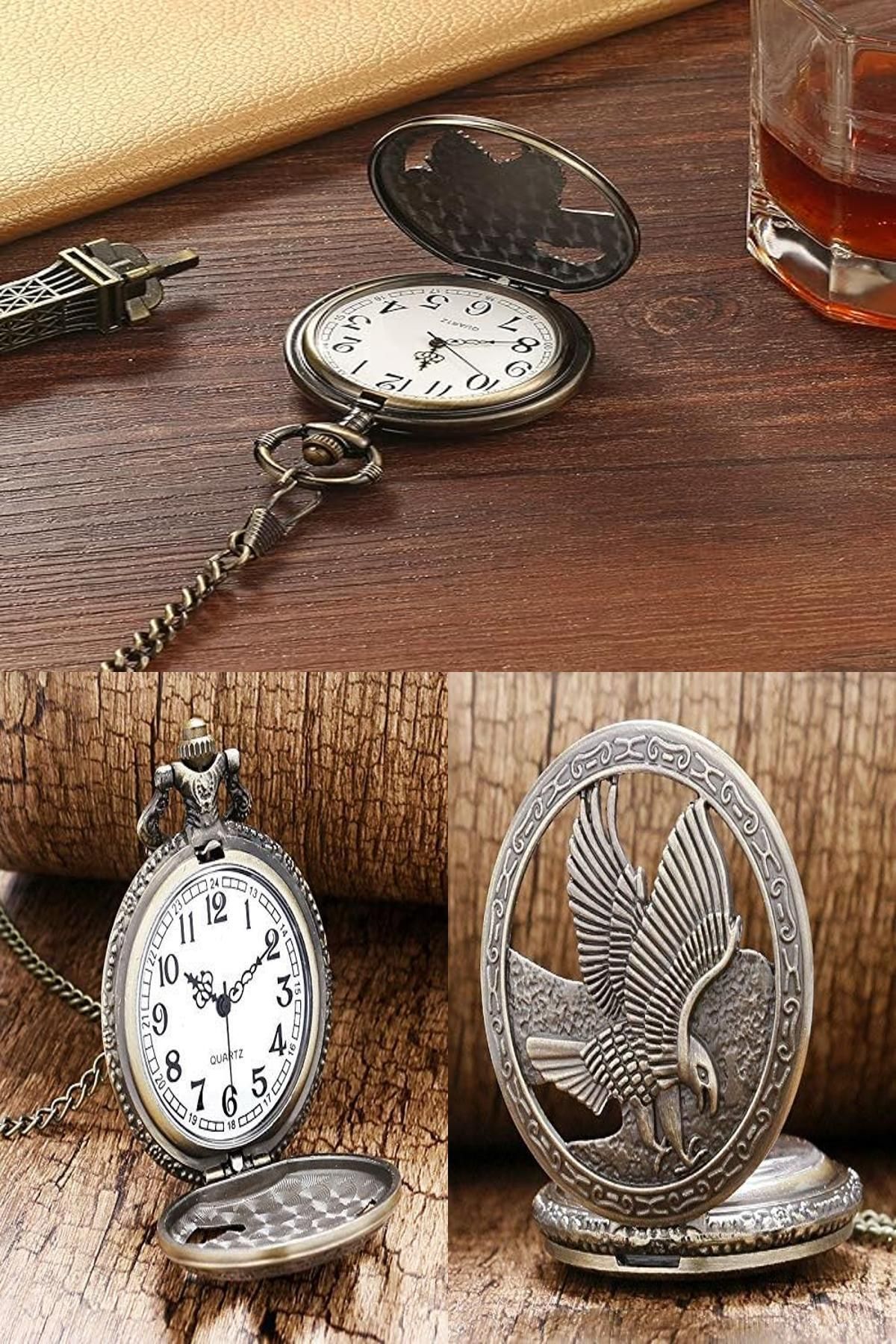 Midday Retro Şıklık! El Yapımı Kartal Motifli Zincirli Köstekli Cep Saati - Vintage Sevenlere Özel Tasarım