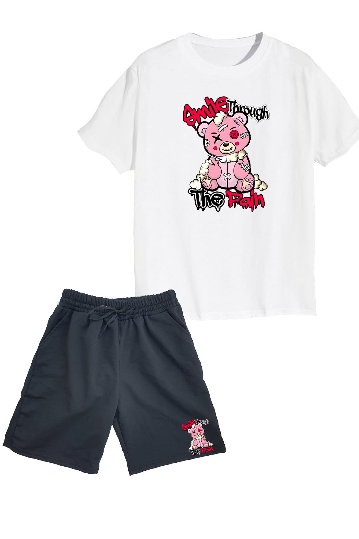 makiteks Pamuk 2'li Set Düz Renk Kadın Regular Şort ve Tshirt Tişört Smile Through Pain