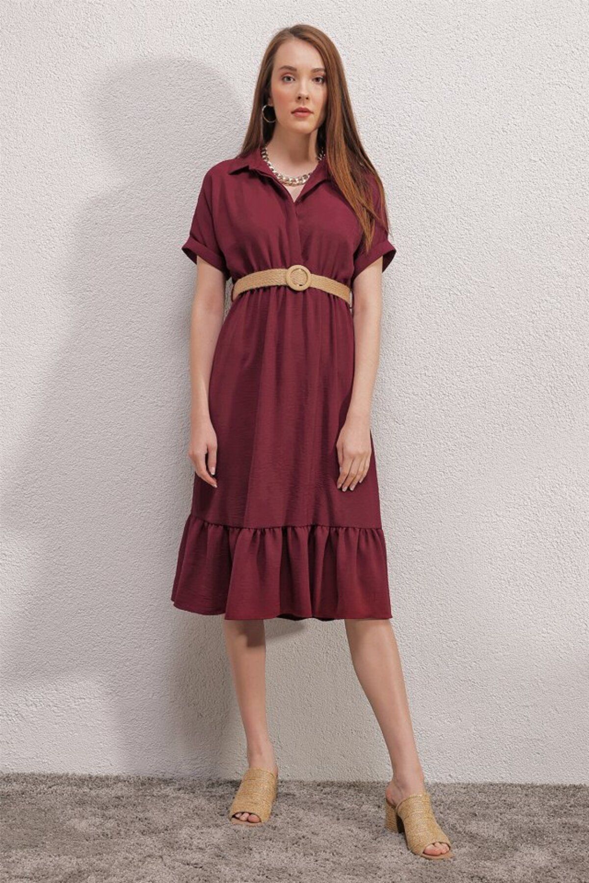 DEAG 2292 Kemerli Elbise - Bordo