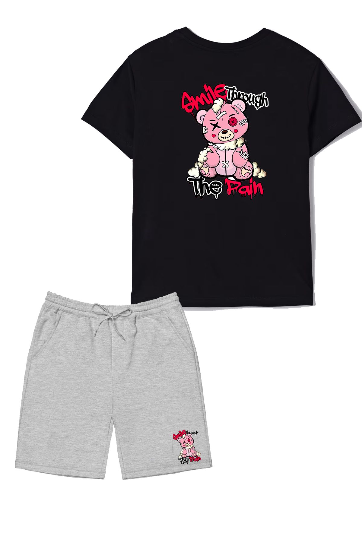 makiteks Pamuk 2'li Set Düz Renk Kadın Regular Şort ve Tshirt Tişört Smile Through Pain