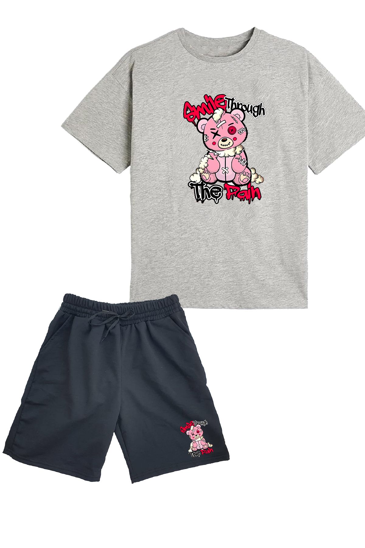 makiteks Pamuk 2'li Set Düz Renk Kadın Regular Şort ve Tshirt Tişört Smile Through Pain