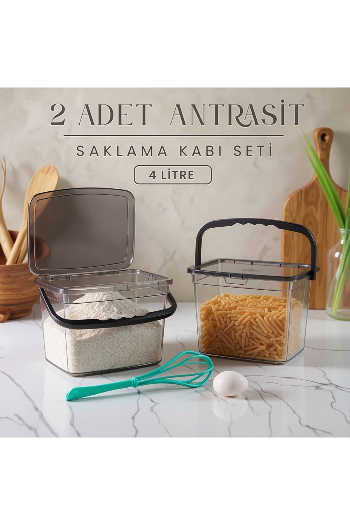 Justyol 2'li 4 Litre Kulplu Saklama Kabı Seti – Mega Boy Kare Un, Bakliyat ve Deterjan Kutusu