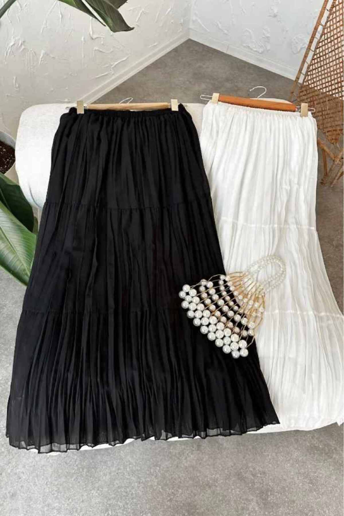 Hamado Fashion HMD 3 KATLI ŞİFON ETEK İKİLİ SİYAH VE BEYAZ