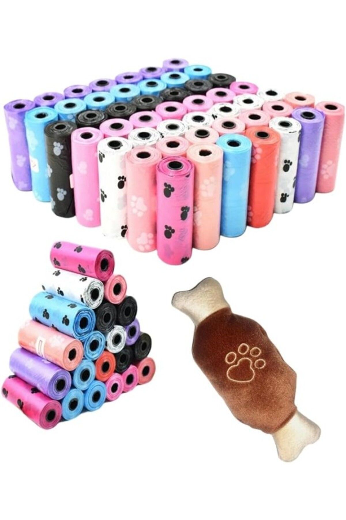 ShopZum Kyrotech Köpek Kaka Poşeti, 8 Rulo Kaka Torbası, Peluş Köpek Oyuncağı, Kemik Şekilli, Pati Baskılı
