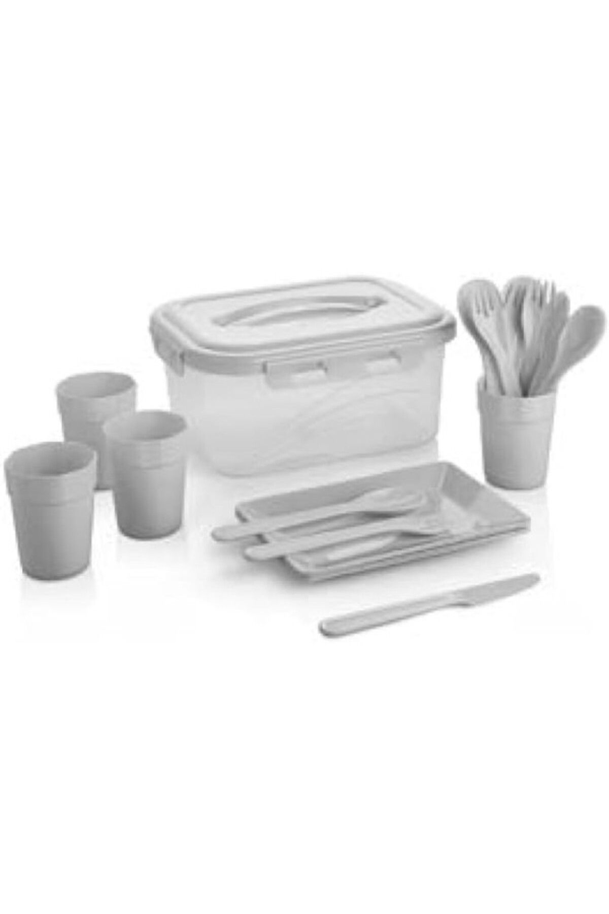 ShopZum 22 Parça Piknik Seti, 4 Kişilik, Tabak, Bardak, Çatal Kaşık Takımı Ve Saklama Kabı (ANTRASİT)