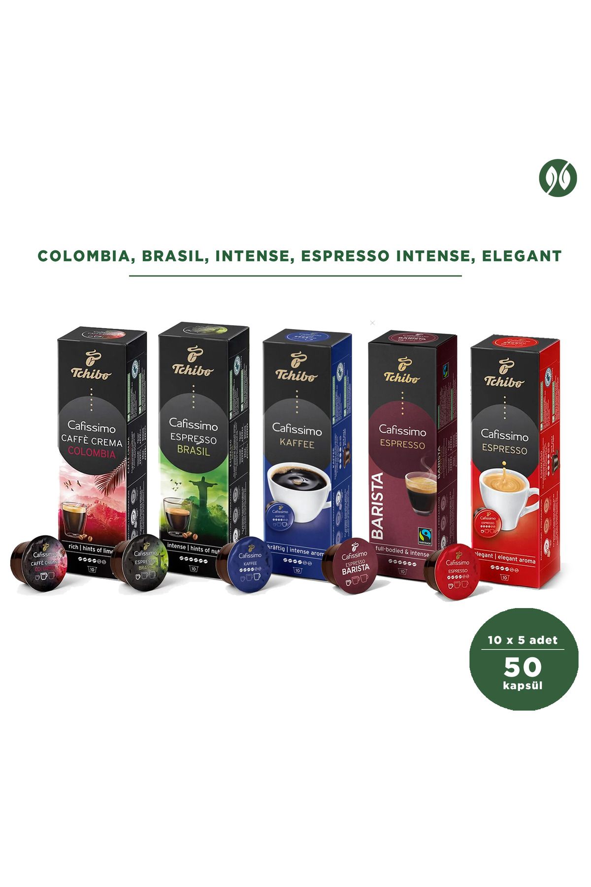 Tchibo Caffisimo 5’li Kapsül Kahve Paketi (5X10) | Colombia, Brasil, Intense, Espresso Intense, Elegant