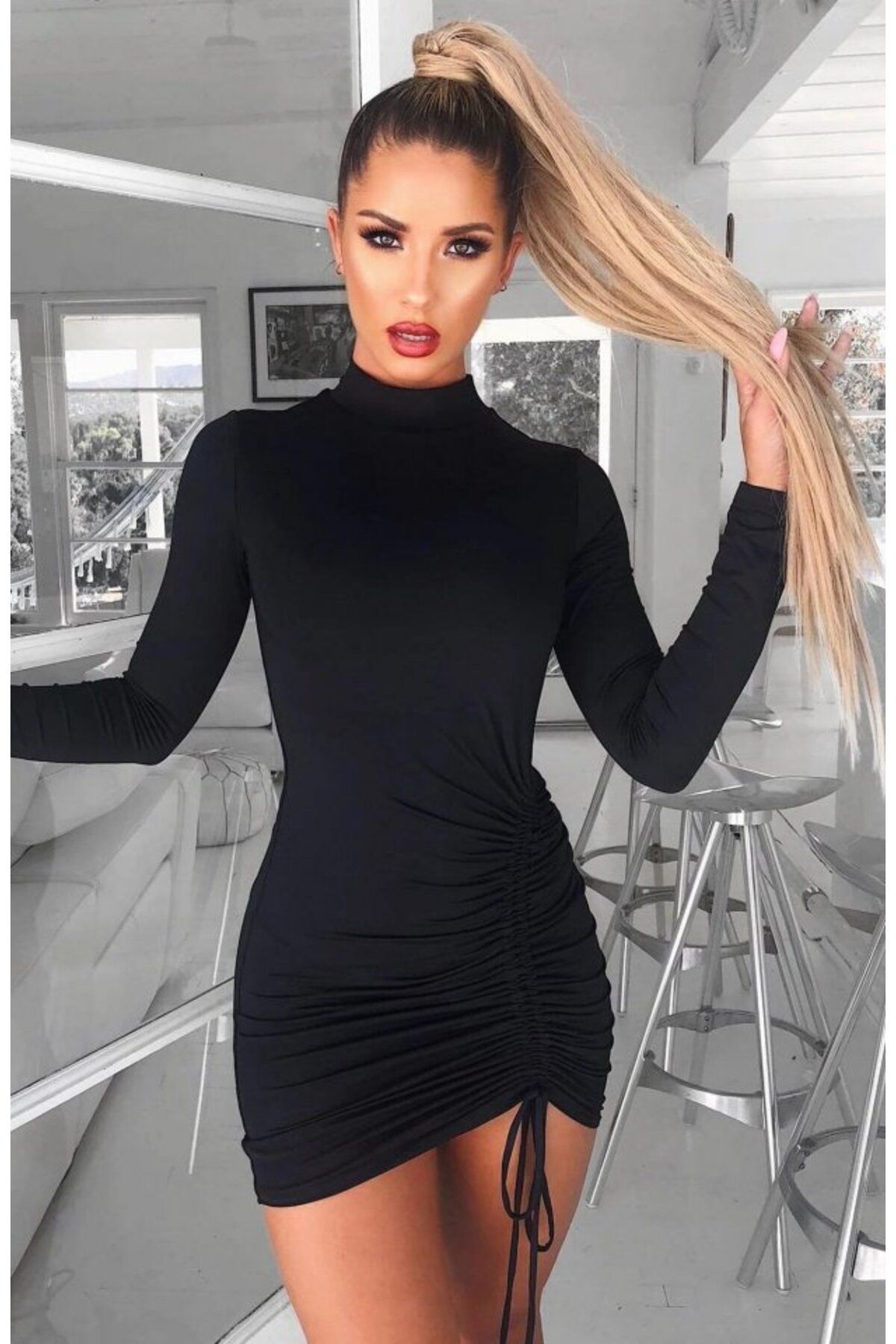 DEAG Kadın Uzun Kol Sağ Belden Sol Etek Ucuna Doğru Hafif çapraz Büzgülü Sandy Mini Boy Elbise