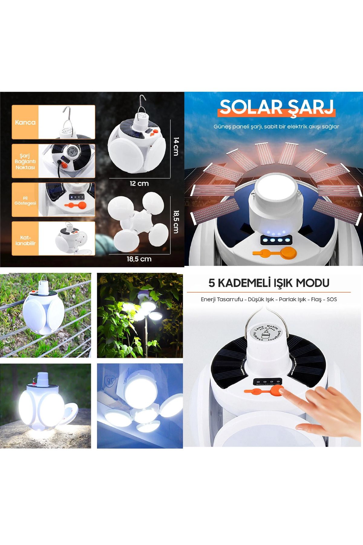 nelerbulurum Şarjlı ve Güneş enerjili 5 Modlu 5 Kanatlı Katlanabilir Su geçirmez şarj göstergeli lamba