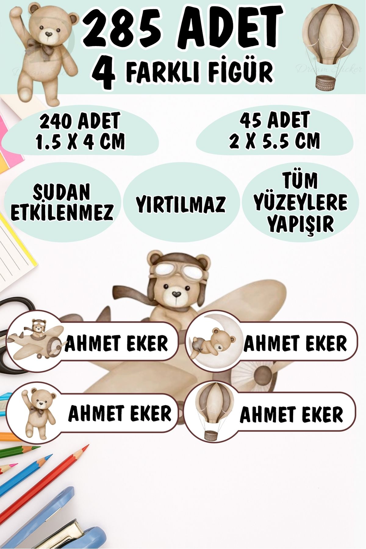 KT Decor Okul Etiketi Kalem Defter Etiketi Soft Renk Ayıcıklar Özel Isimli Etiket 4 Figür - 285 Adet