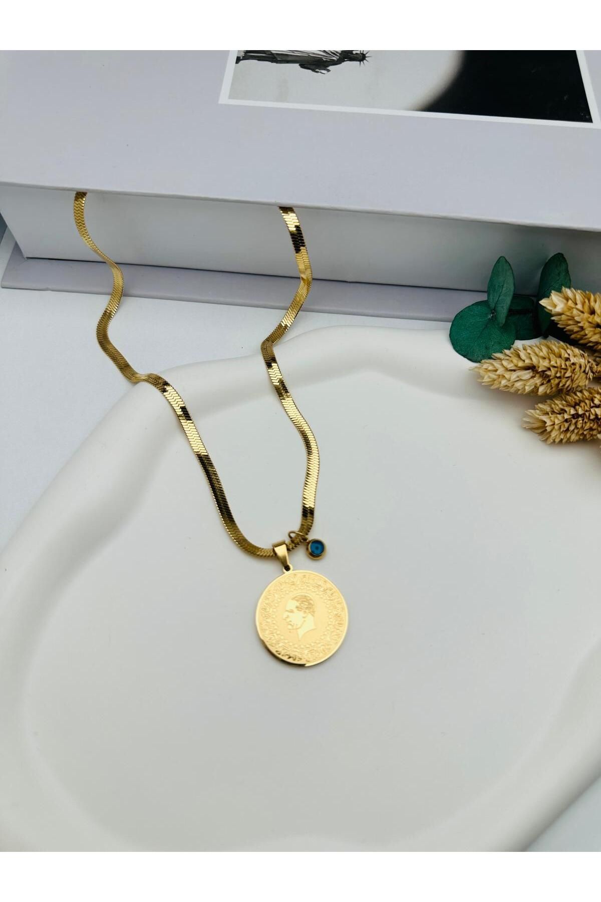 HEDİYELANDY Çeyrekli İtalyan Çelik Kolye (Gold) 010678