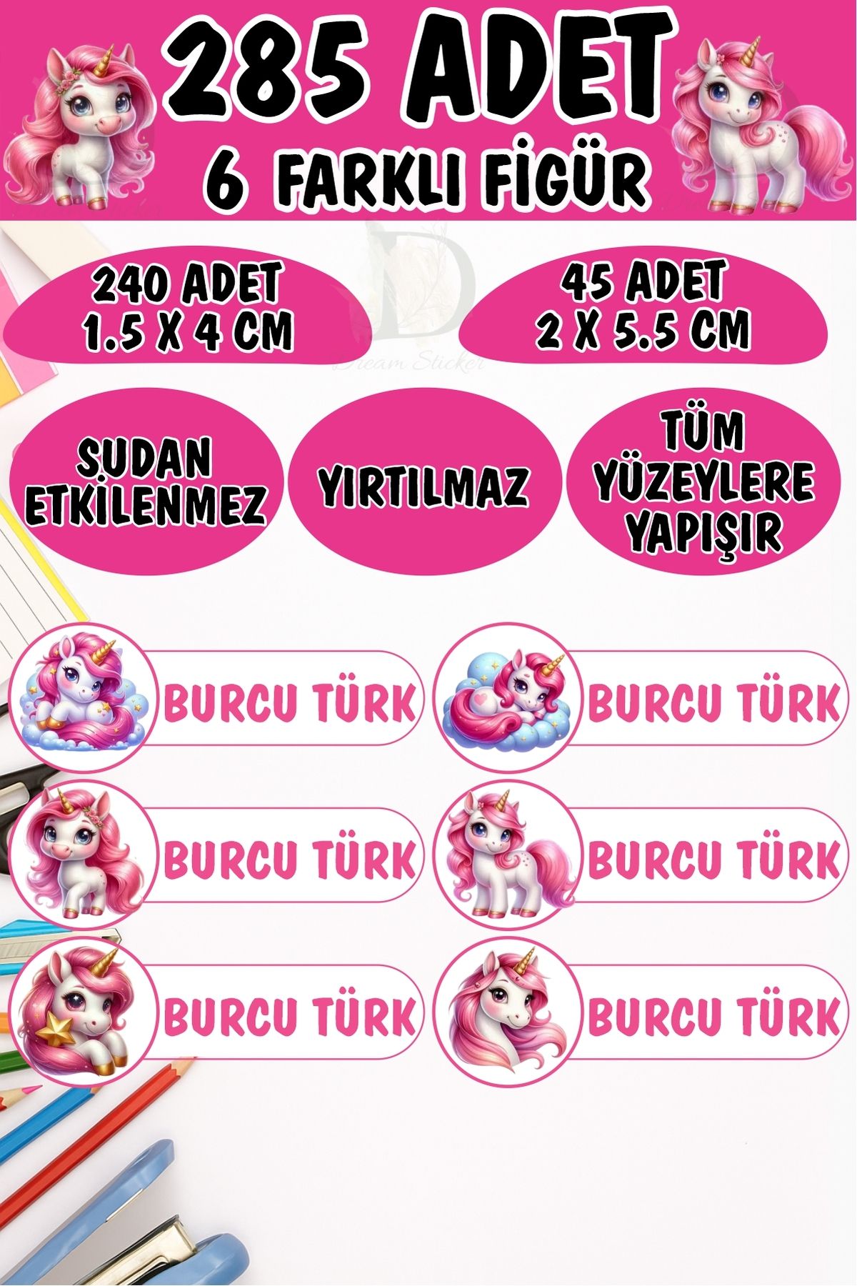 KT Decor Okul Etiketi Kalem Defter Etiketi Pembe Unicornlar Özel Isimli Etiket 6 Figür - 285 Adet