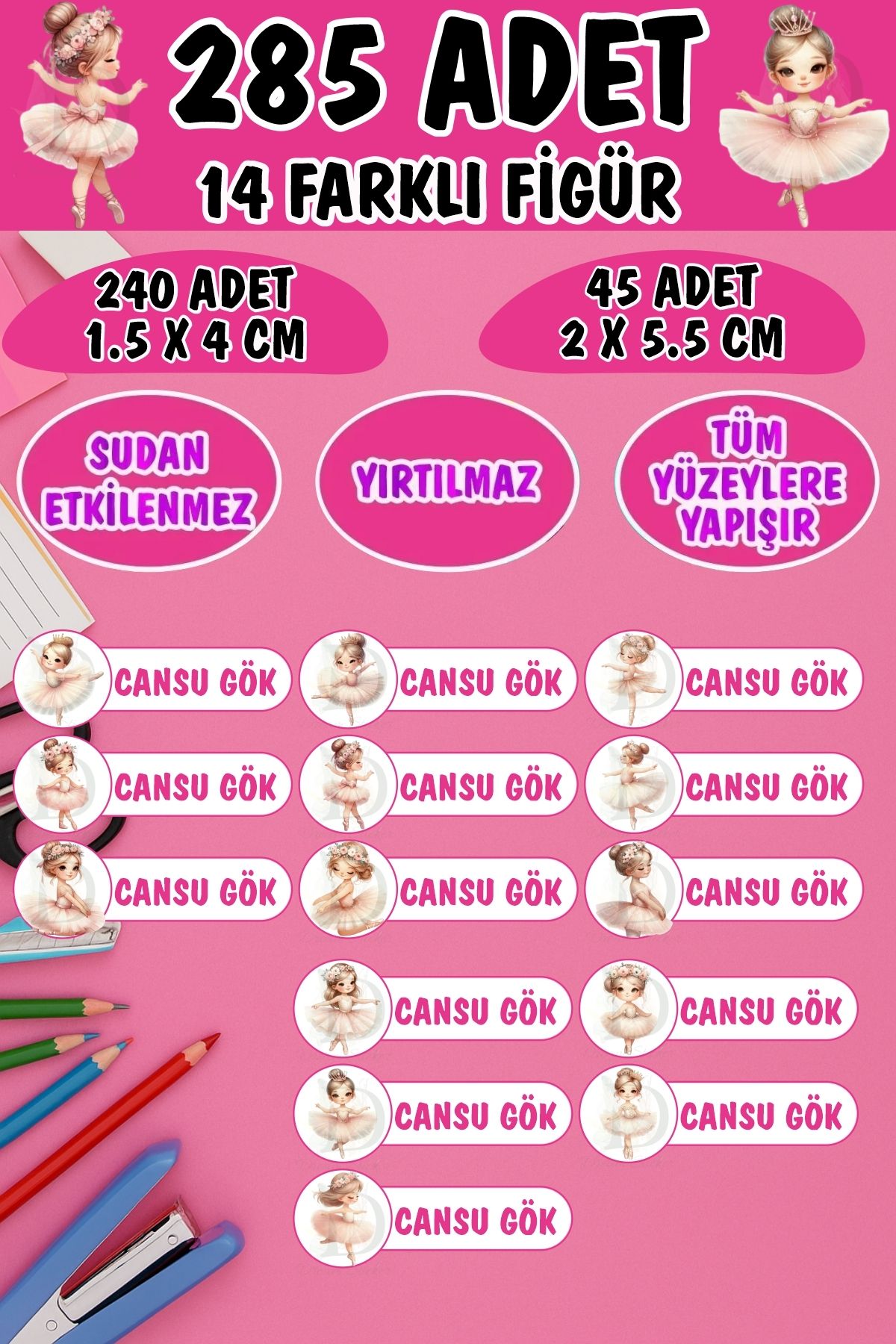 KT Decor Okul Etiketi Kalem Defter Etiketi Balerin Koleksiyonu Özel Isimli Etiket 14 Figür - 285 Adet