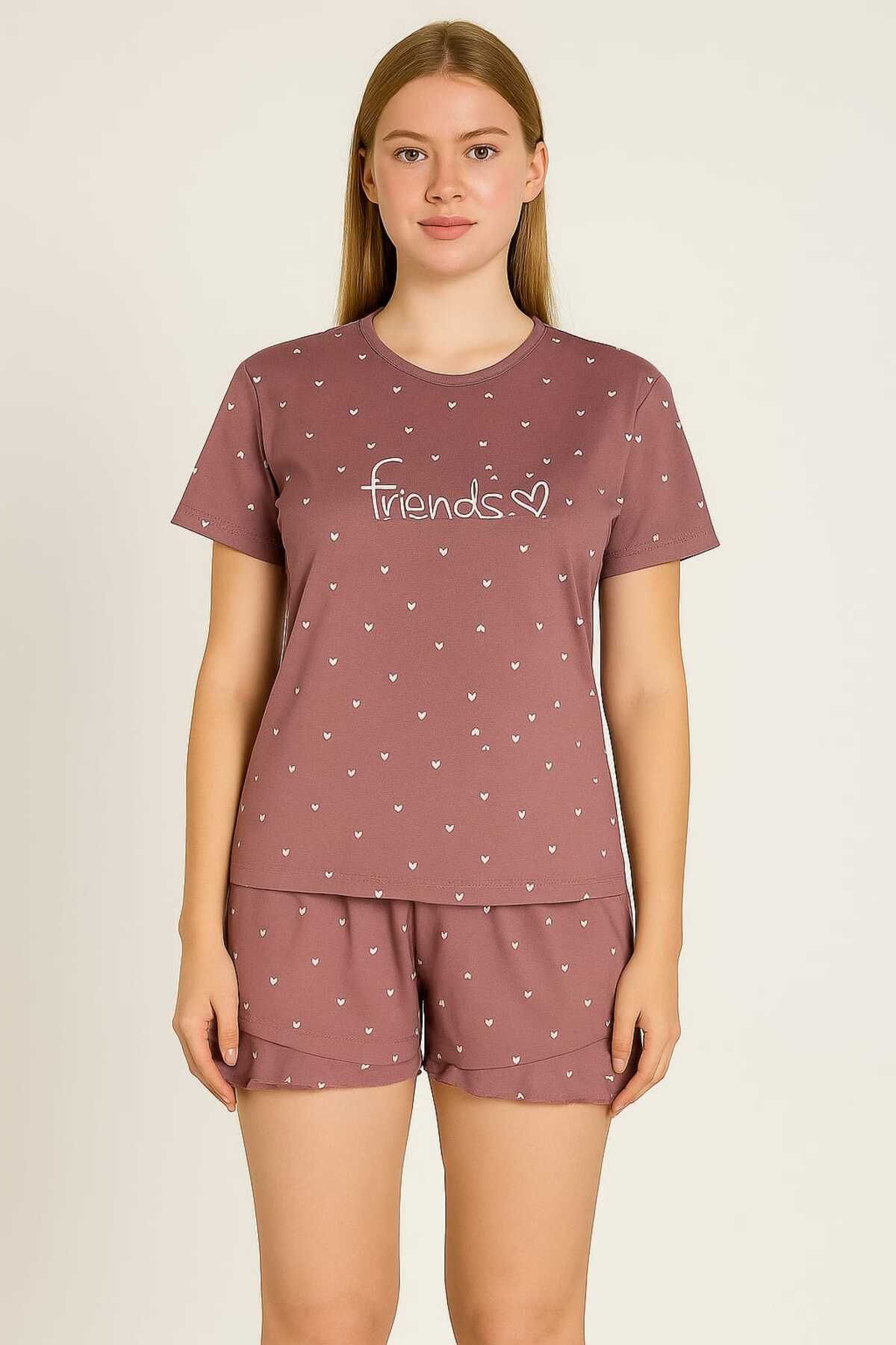 unbranded Kalp Desenli Gül Kurusu Renkli Kısa Kollu Şortlu Pijama Takımı