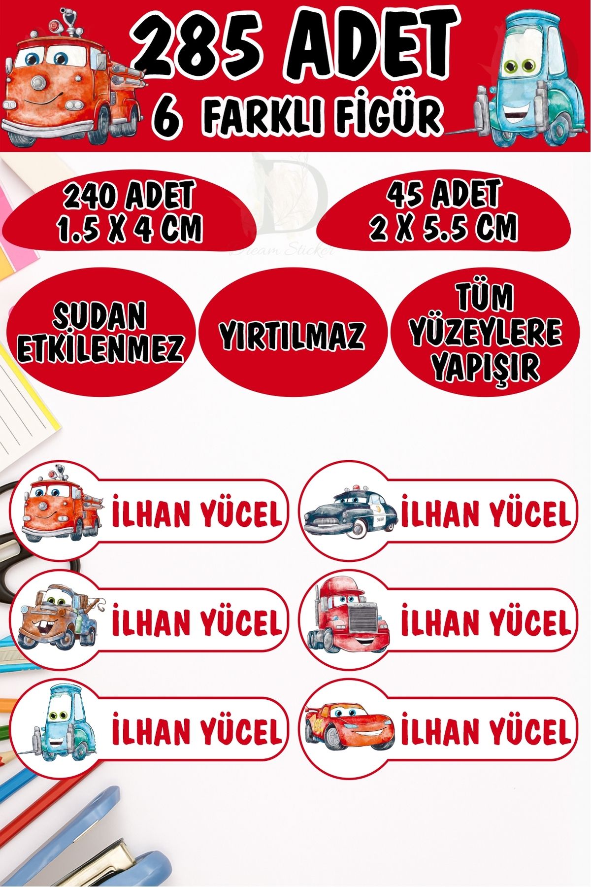 KT Decor Okul Etiketi Kalem Defter Etiketi Cars Arabalar Özel Isimli Etiket 6 Figür - 285 Adet