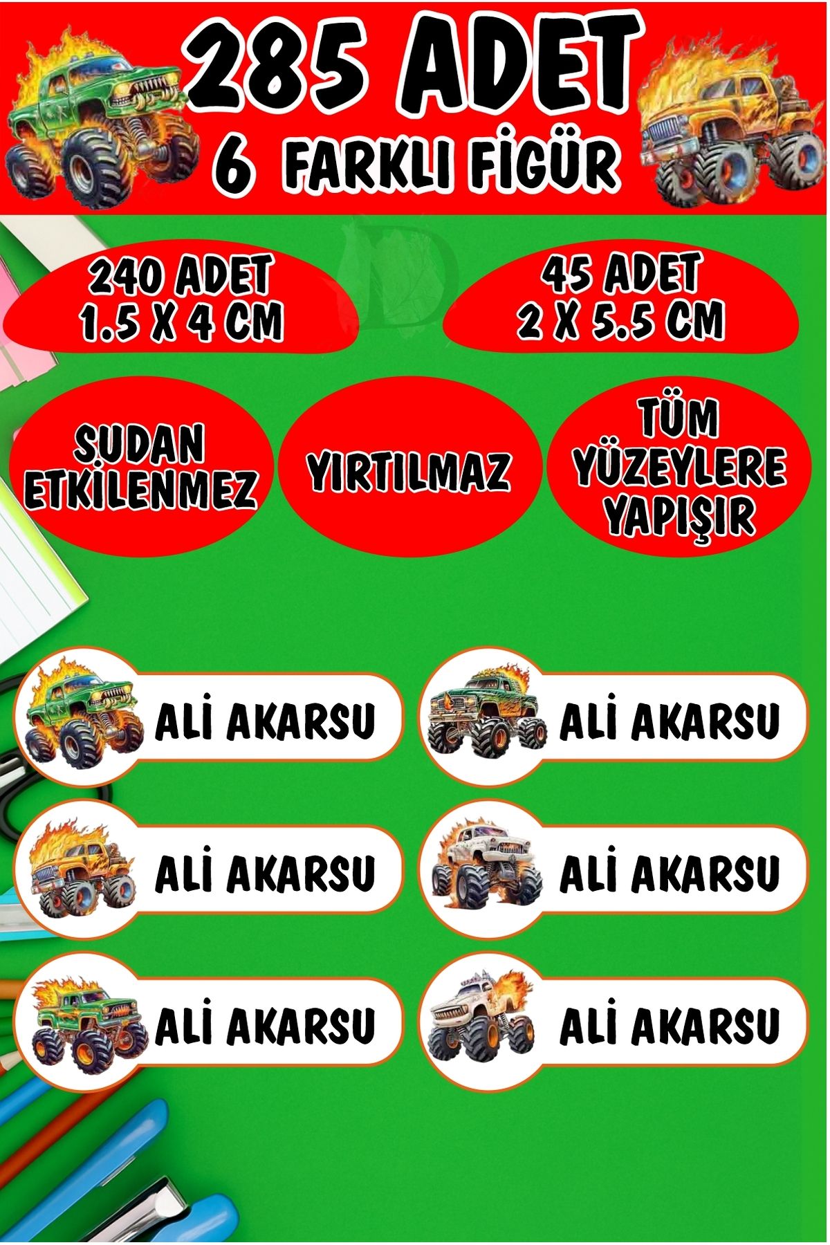 KT Decor Okul Etiketi Kalem Defter Etiketi Monster Arabalar Özel Isimli Etiket 6 Figür - 285 Adet