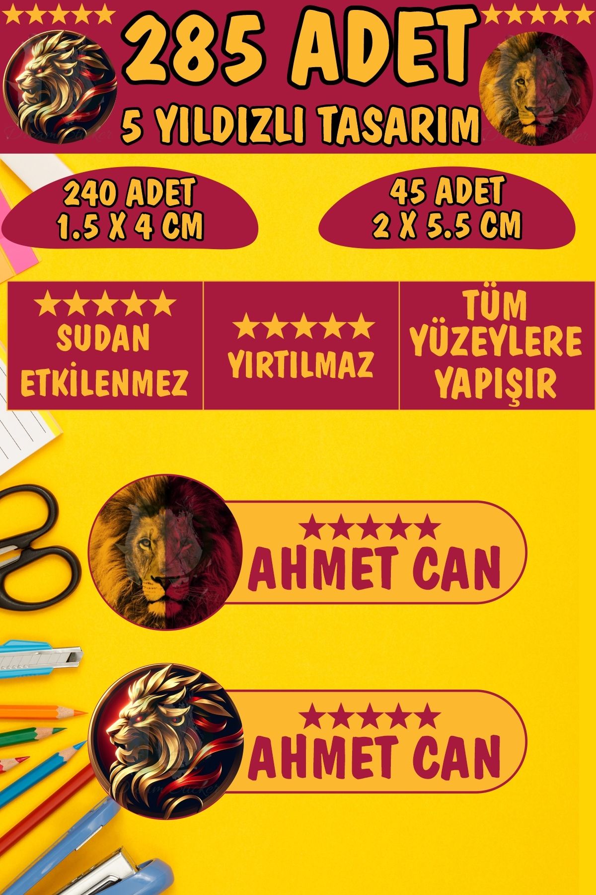 KT Decor Okul Kalem Defter Etiketi Sarı Kırmızı Aslan Özel Isimli Etiket 2 Figür - 285 Adet