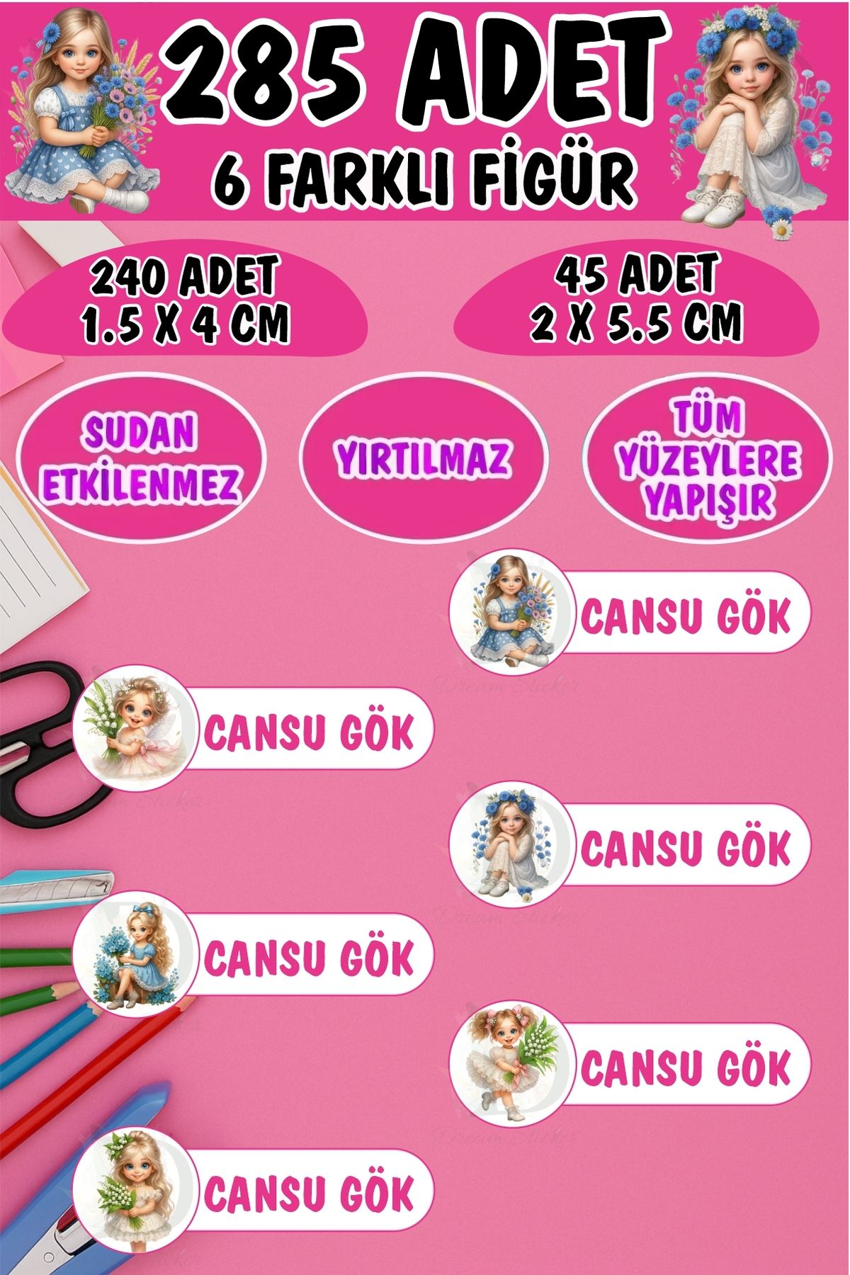 KT Decor Okul Etiketi Kalem Defter Etiketi Çiçek Perileri Özel Isimli Etiket 6 Figür - 285 Adet