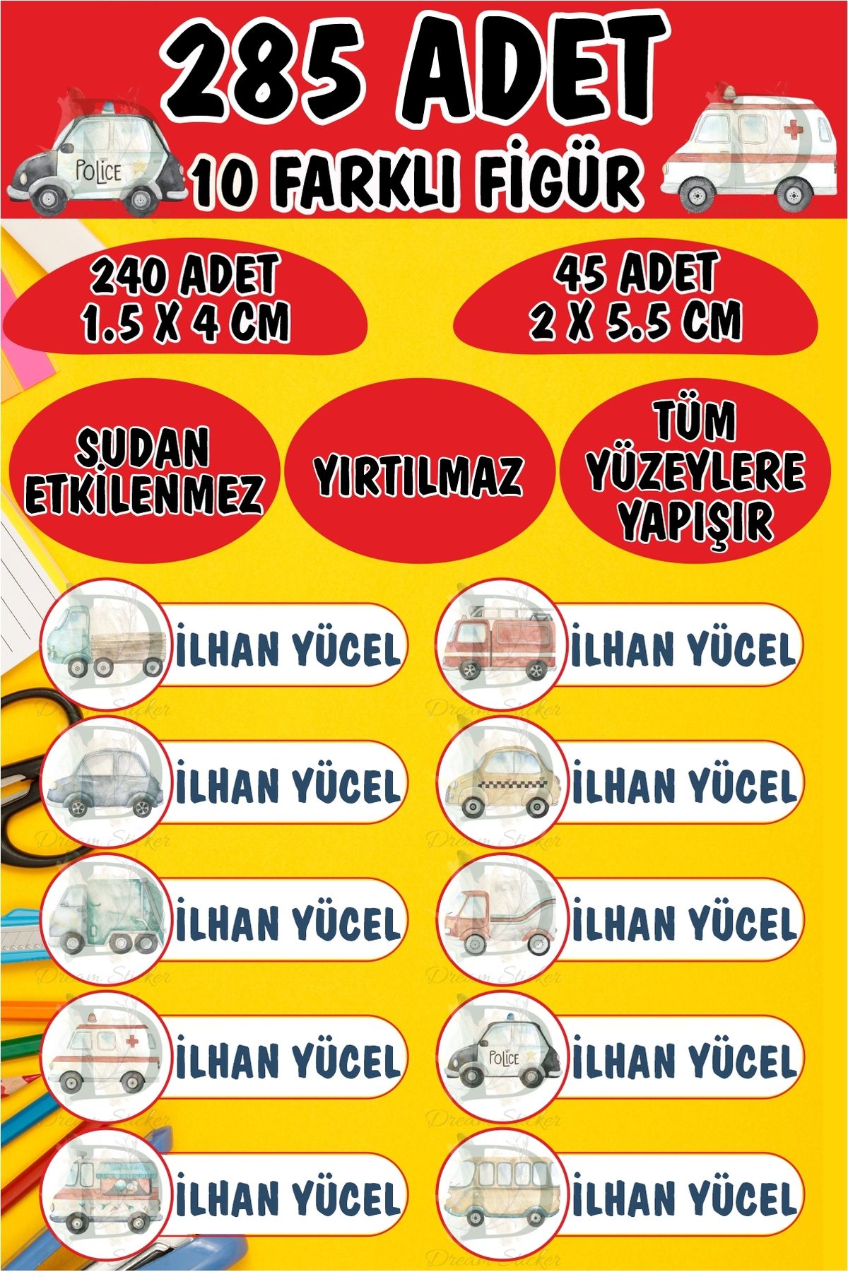 KT Decor Okul Etiketi Kalem Defter Etiketi Arabalar Temalı Özel Isimli Etiket 10 Figür - 285 Adet