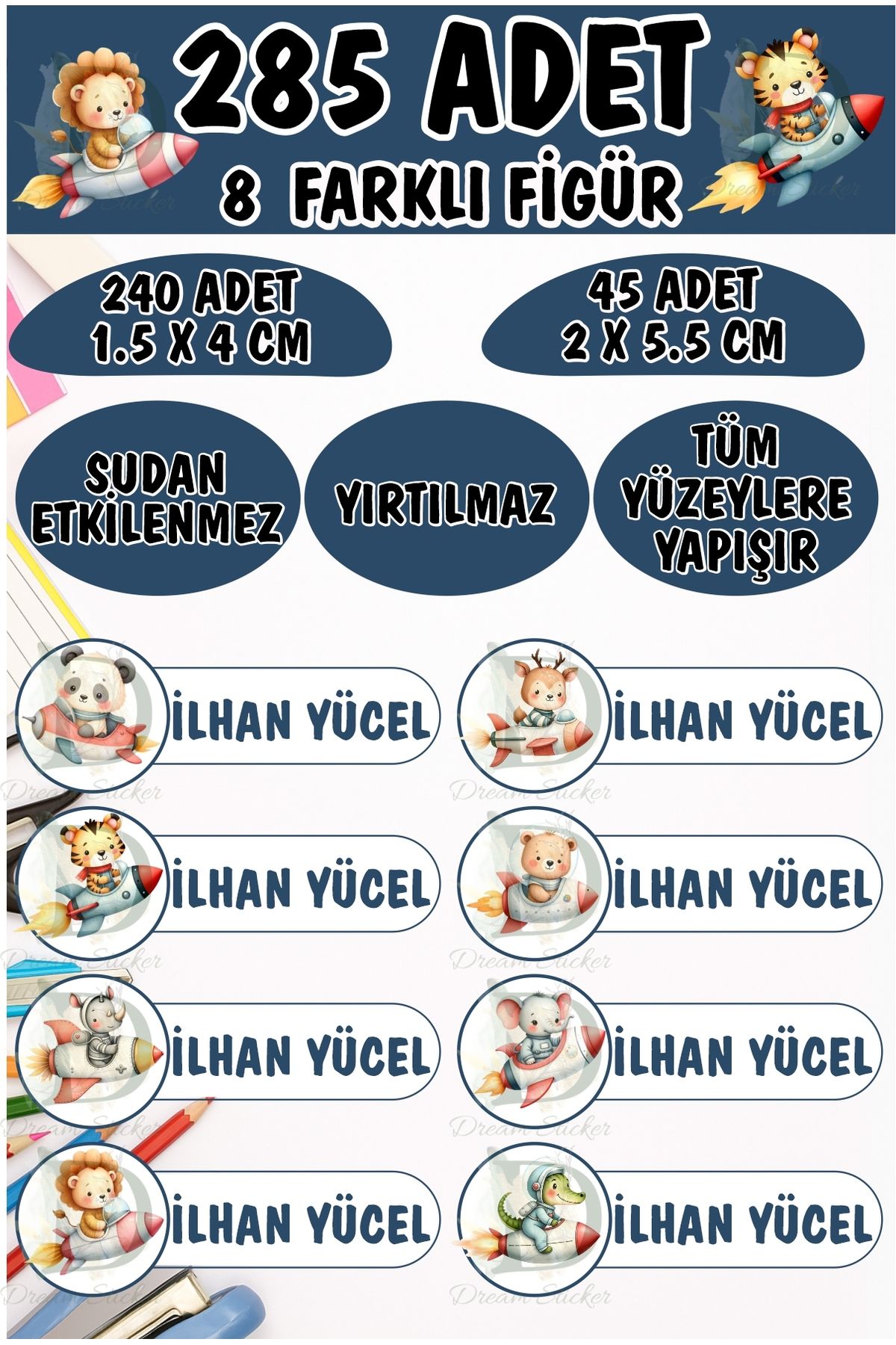 KT Decor Okul Kalem Defter Etiketi Roketli Sevimli Hayvanlar Özel Isimli Etiket 8 Figür - 285 Adet