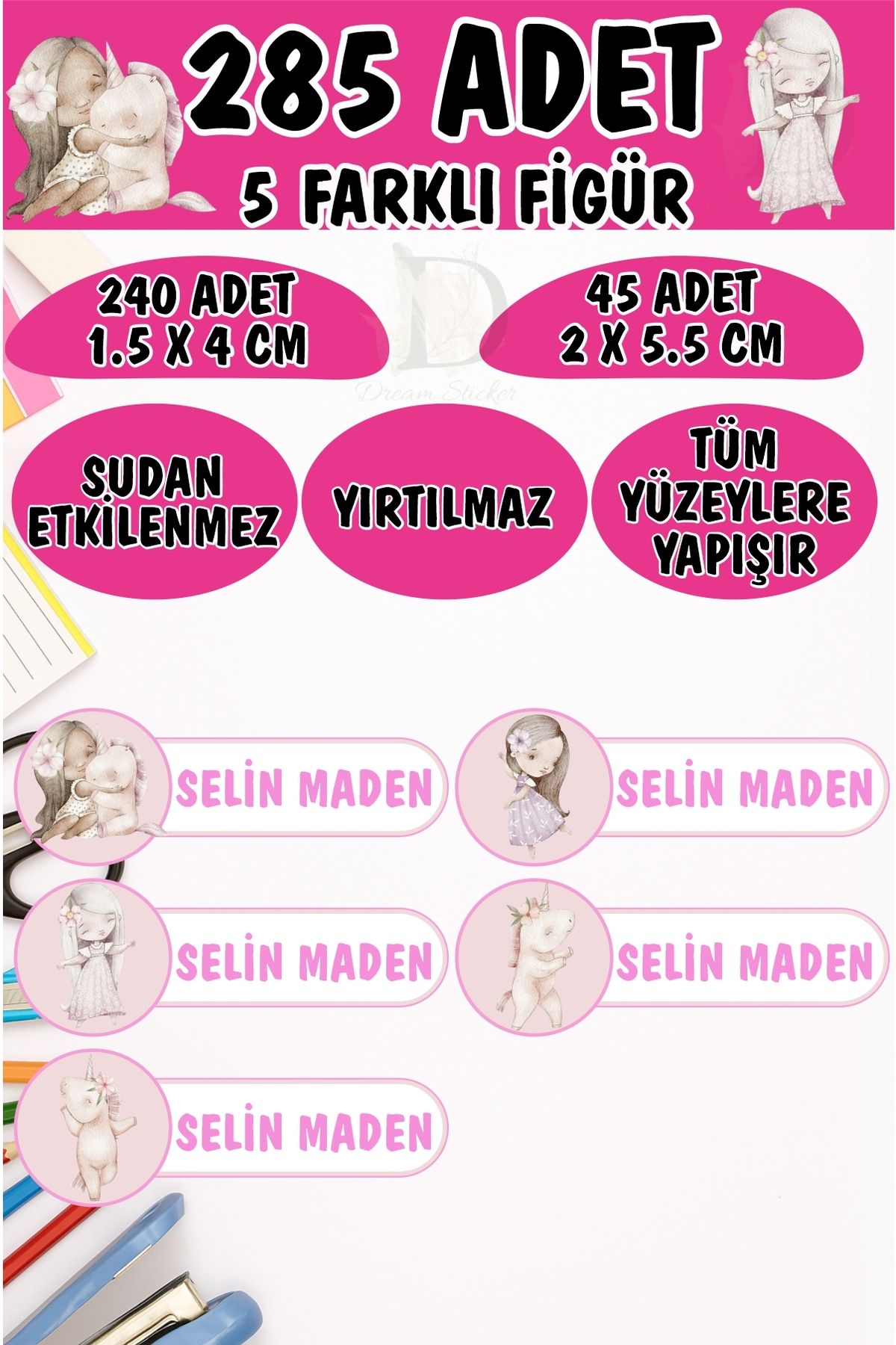 KT Decor Okul Etiketi Kalem Defter Etiketi Prensesler ve Unicornlar Özel Isimli Etiket 5 Figür - 285 Adet