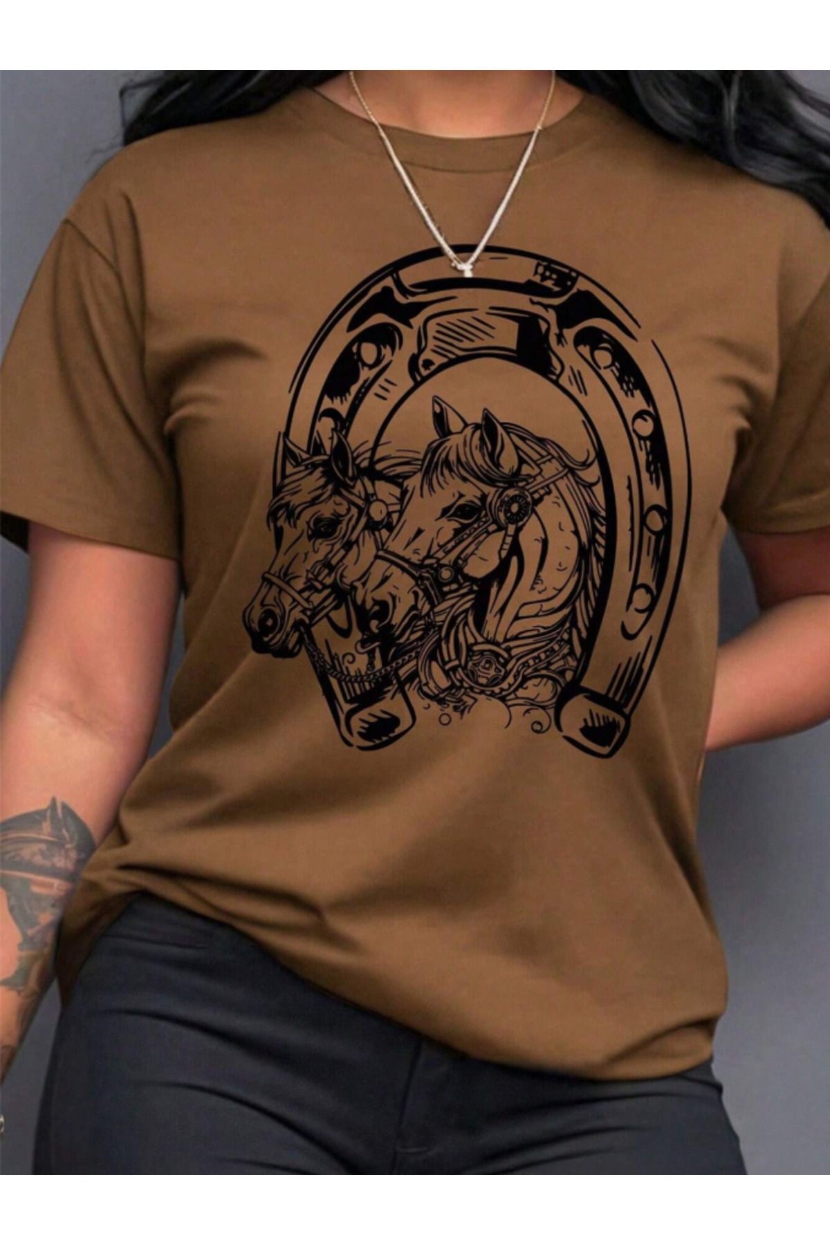 COHERENT Unisex Erkek/Kadın HORSESHOE Özel Baskılı Oversize Pamuklu T-Shirt
