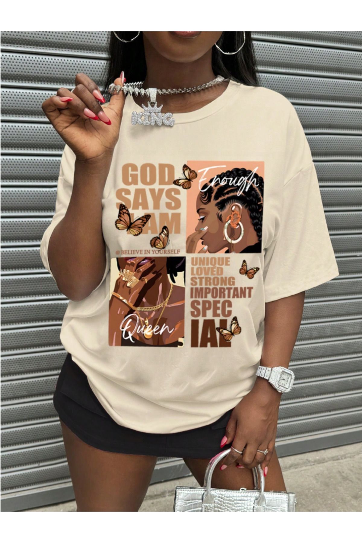 COHERENT Unisex Erkek/Kadın GODSAYS Özel Baskılı Oversize Pamuklu T-Shirt