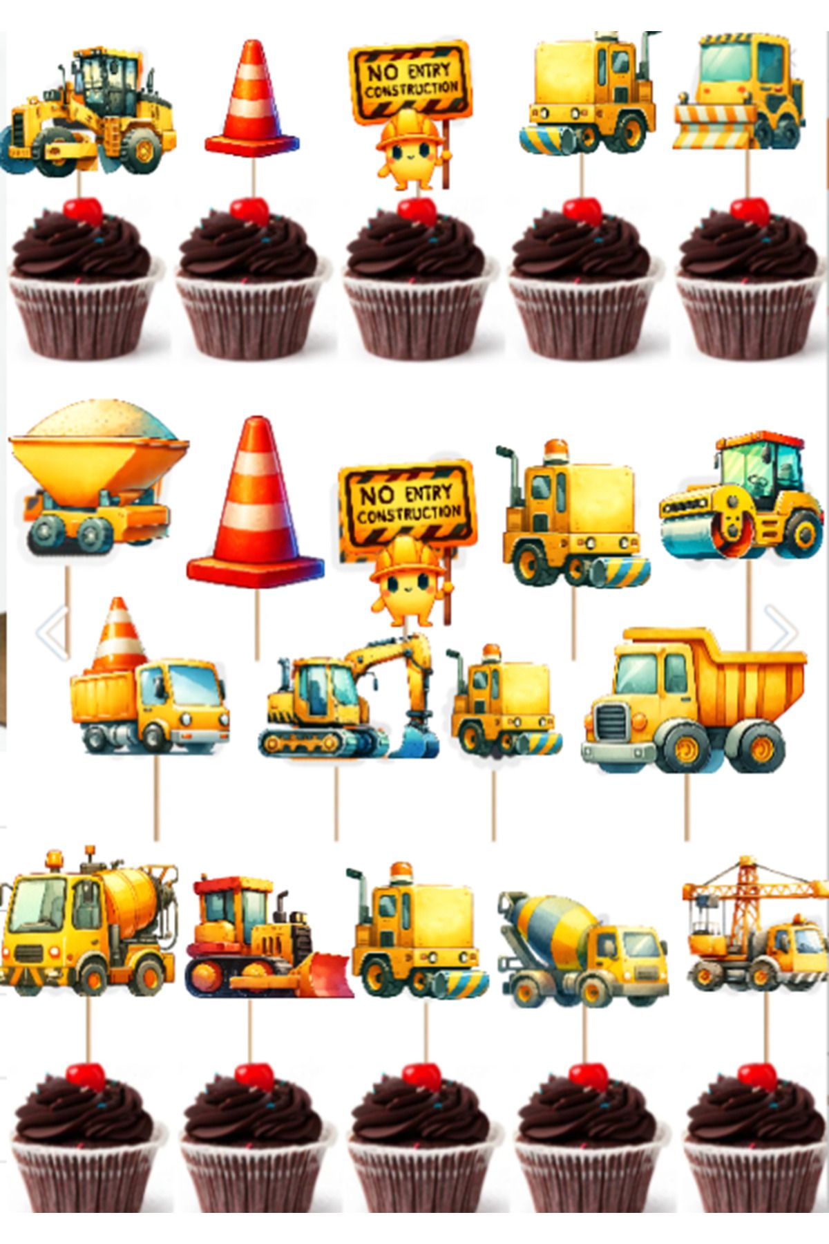 Hiras Dizayn Cupcake Kürdanı İnşaat ve İş Makineleri Temalı 30 Adet