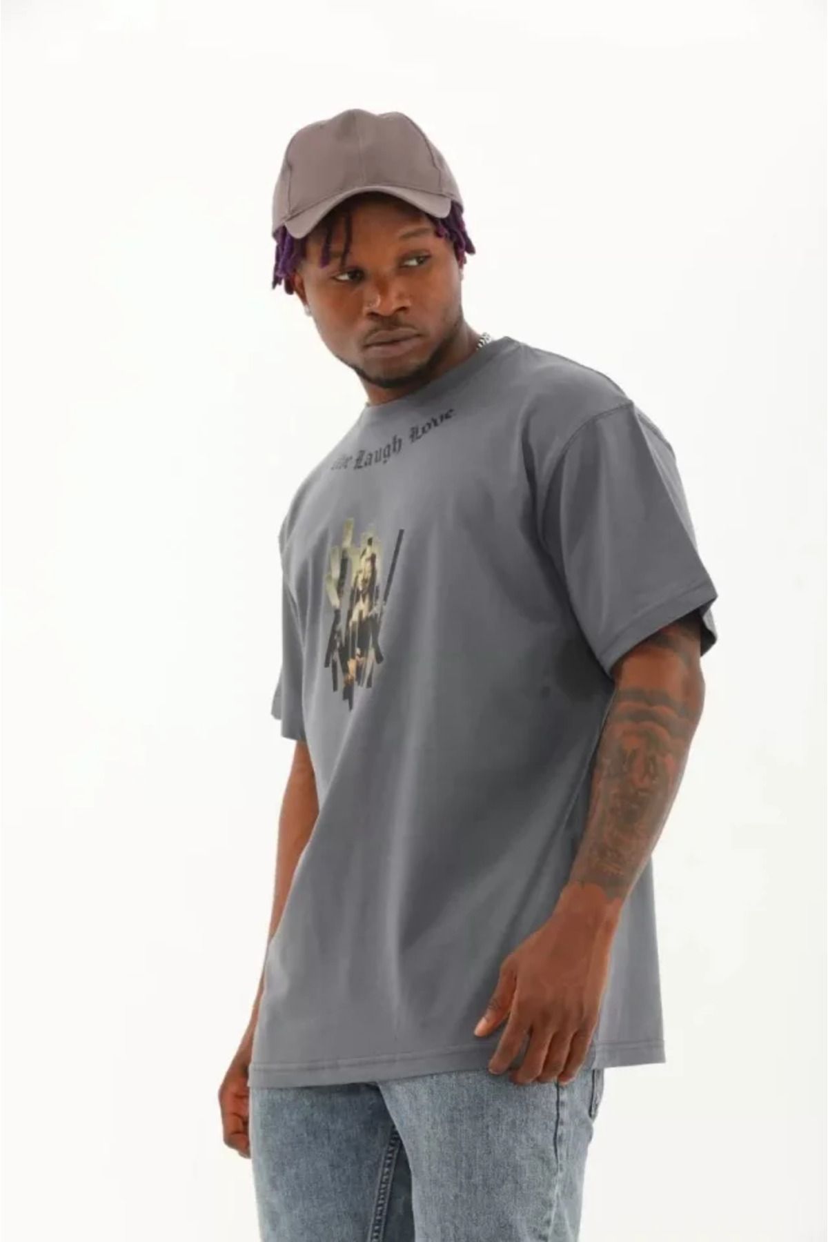 DEAG Unisex Oversize Baskılı Bisiklet Yaka T-Shirt - Füme