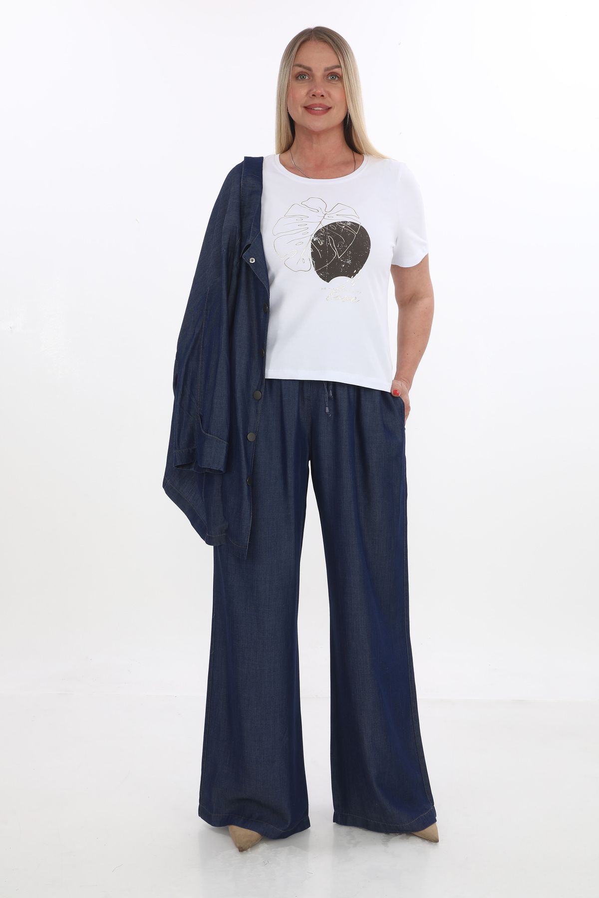 EXİTLİNE Kadın Üçlü Lacivert Yazlık Rahat Kalıp Takım Ceket Pantolon T-Shirt