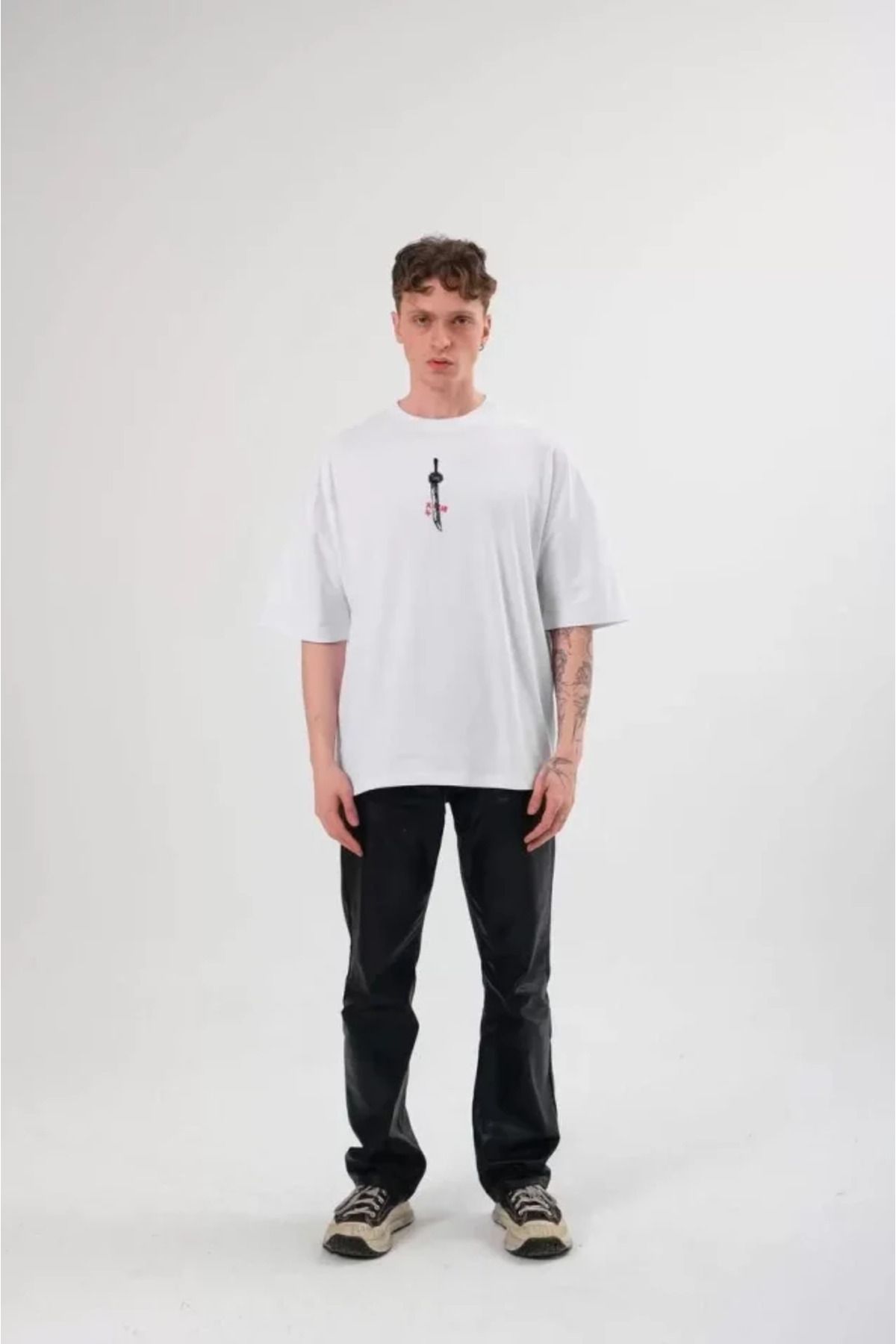 DEAG Unisex Bisiklet Yaka Baskılı Oversize T-Shirt - Beyaz