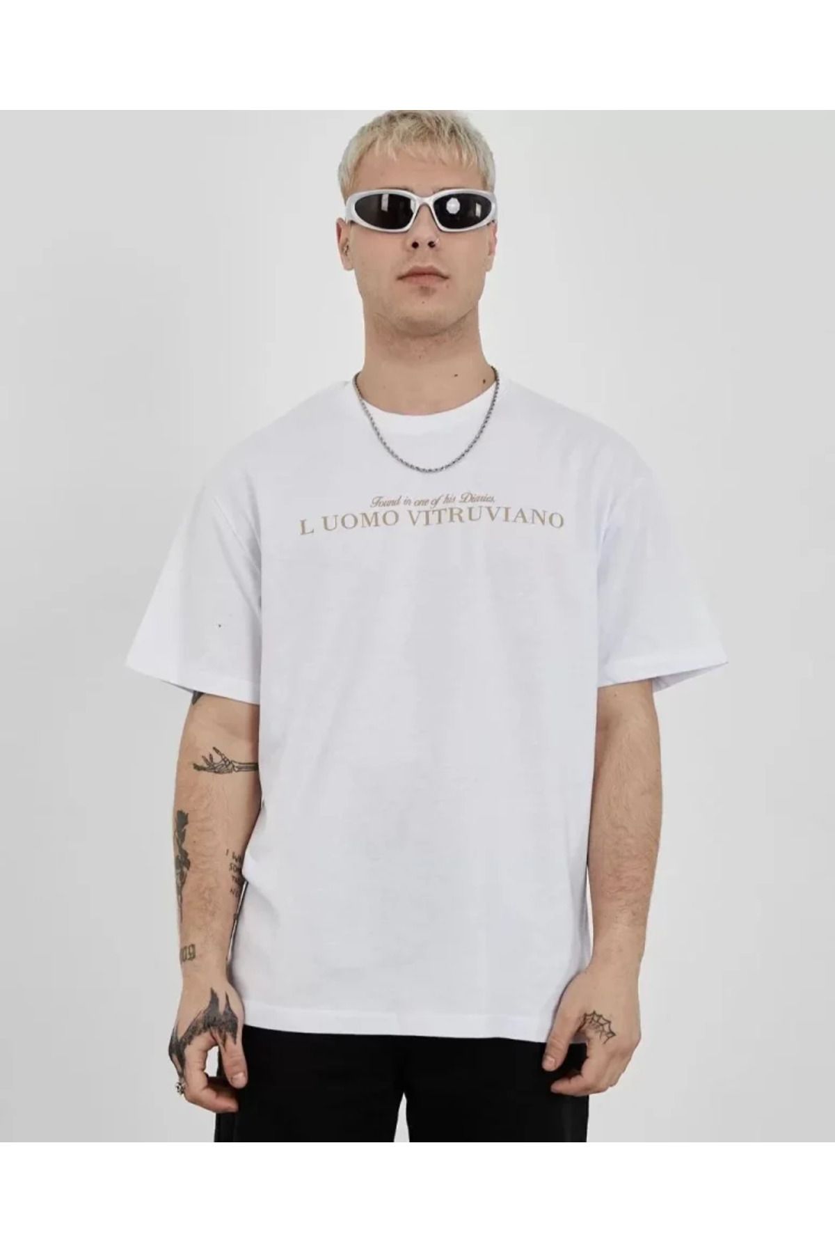 DEAG Unisex Bisiklet Yaka Baskılı Oversize T-Shirt - Beyaz