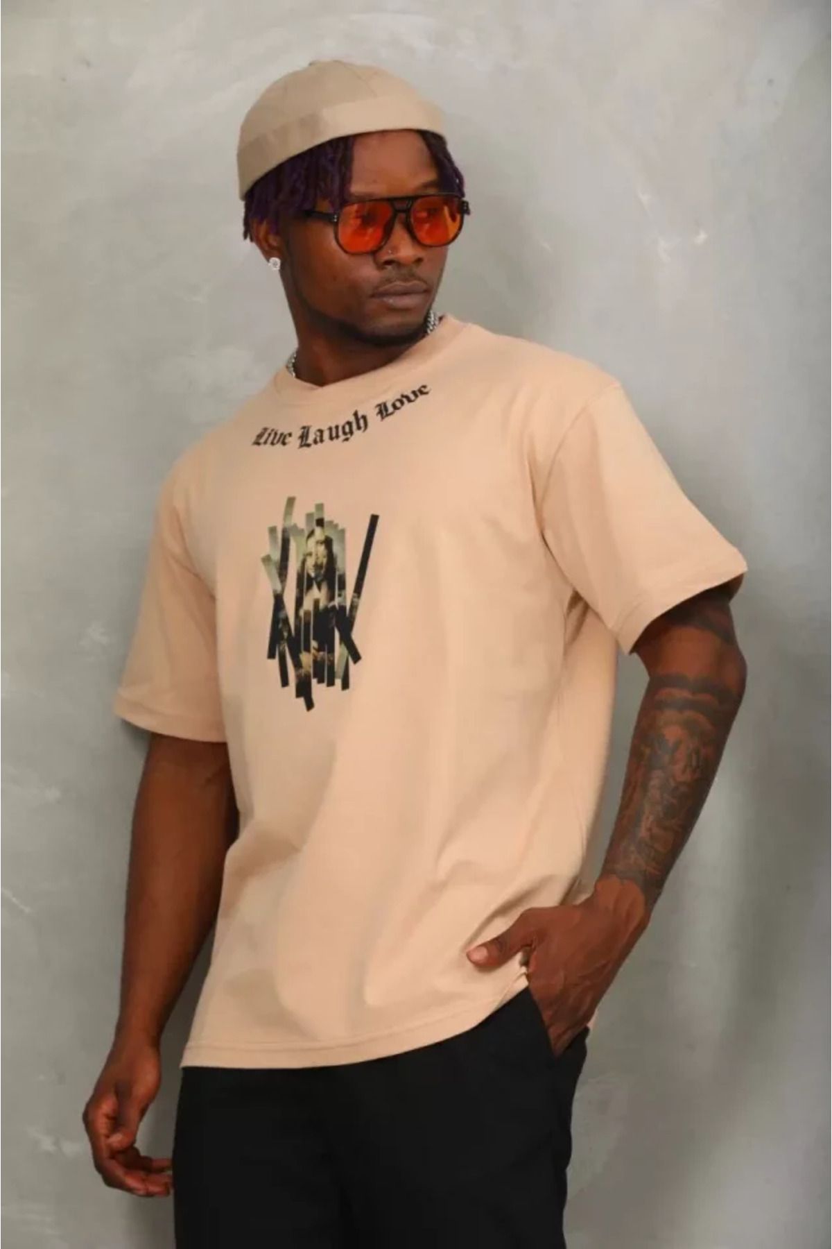DEAG Unisex Oversize Baskılı Bisiklet Yaka T-Shirt - Bej