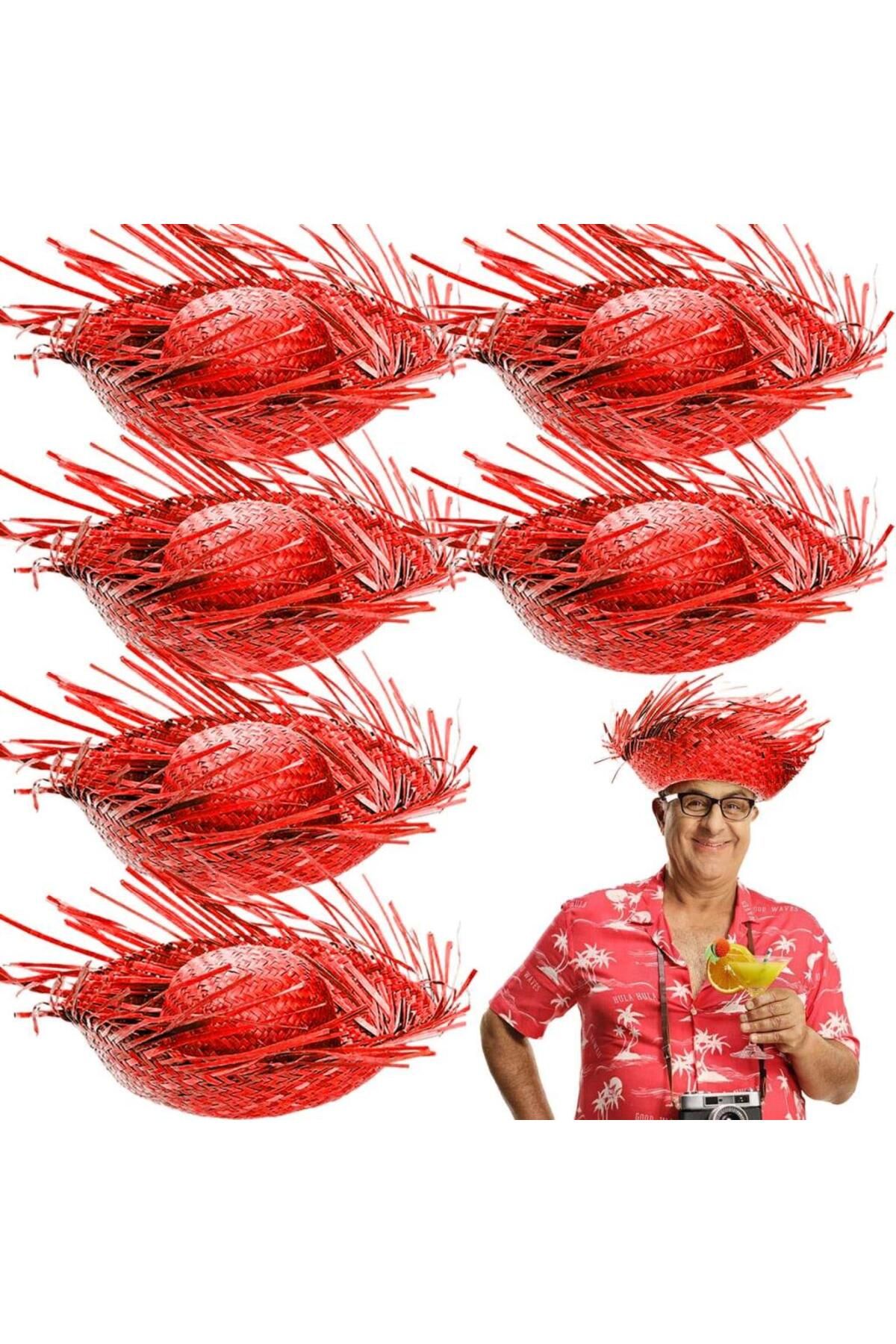 Kanonik Education Tropikal Parti Kırmızı Hasır Hawaii Şapkası 13x36 cm