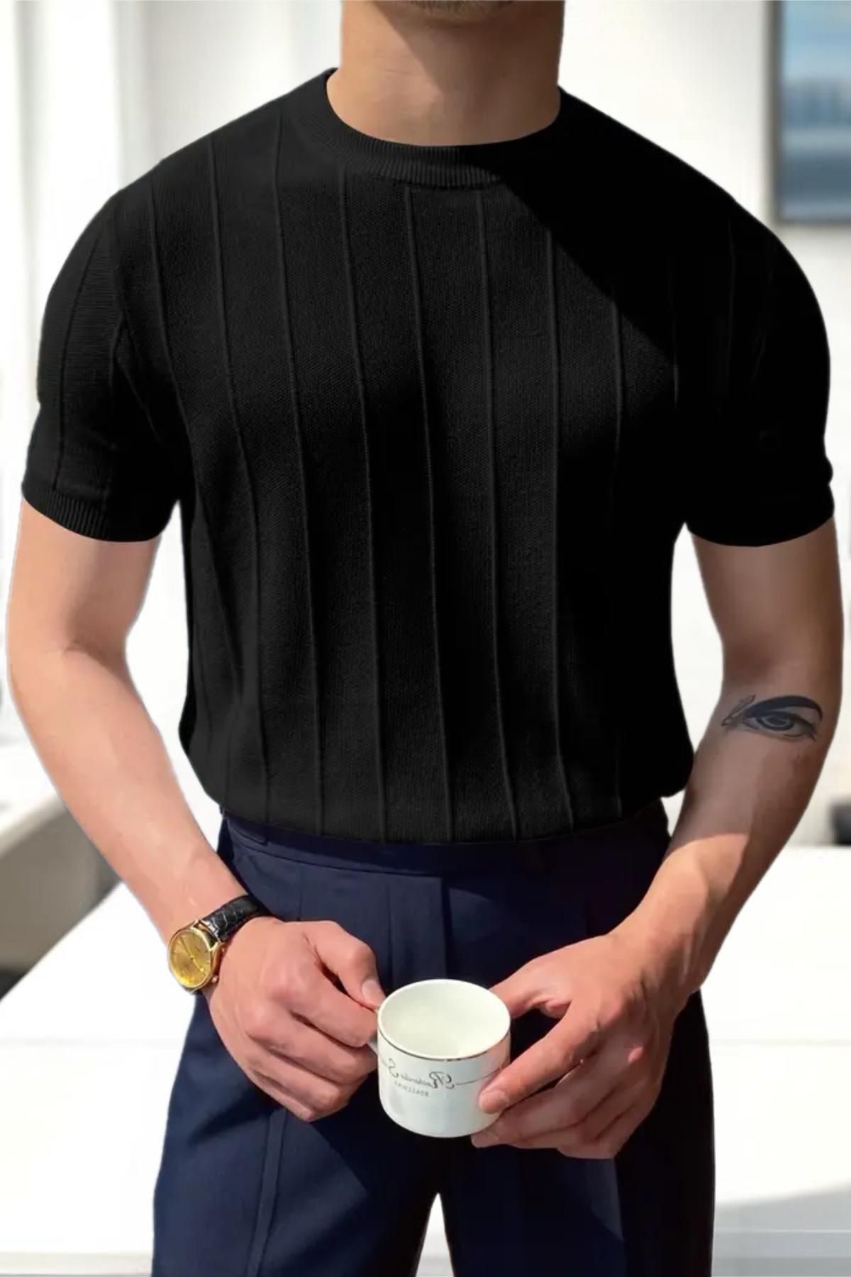 Cool Art Erkek Toro Çizgili Likralı Slim Fit T-Shirt - Siyah Örme Triko Tişört Bisiklet Yaka
