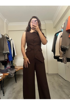 Eslem Erva Kahverengi Yelekli Keten Takım