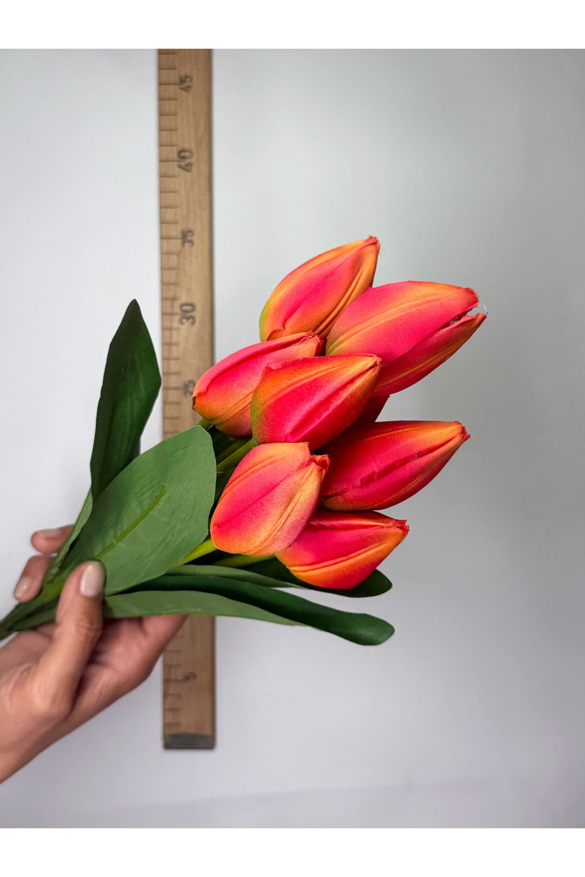Hobi Stok 8 Çiçekli Yapay Lale Demet Islak Dokulu Yapay Çiçek - Süs Çiçeği - El Çiçeği - Plastik Çiçek - 45CM