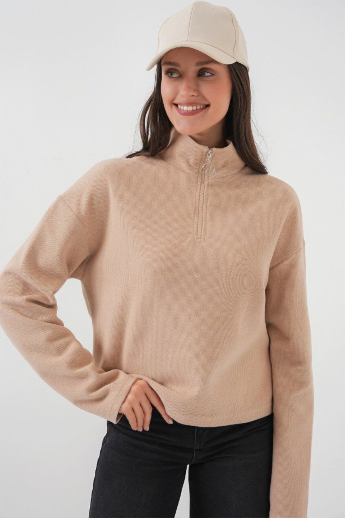 DEAG 55449 Fermuarlı Yaka Örme Sweatshirt - Camel