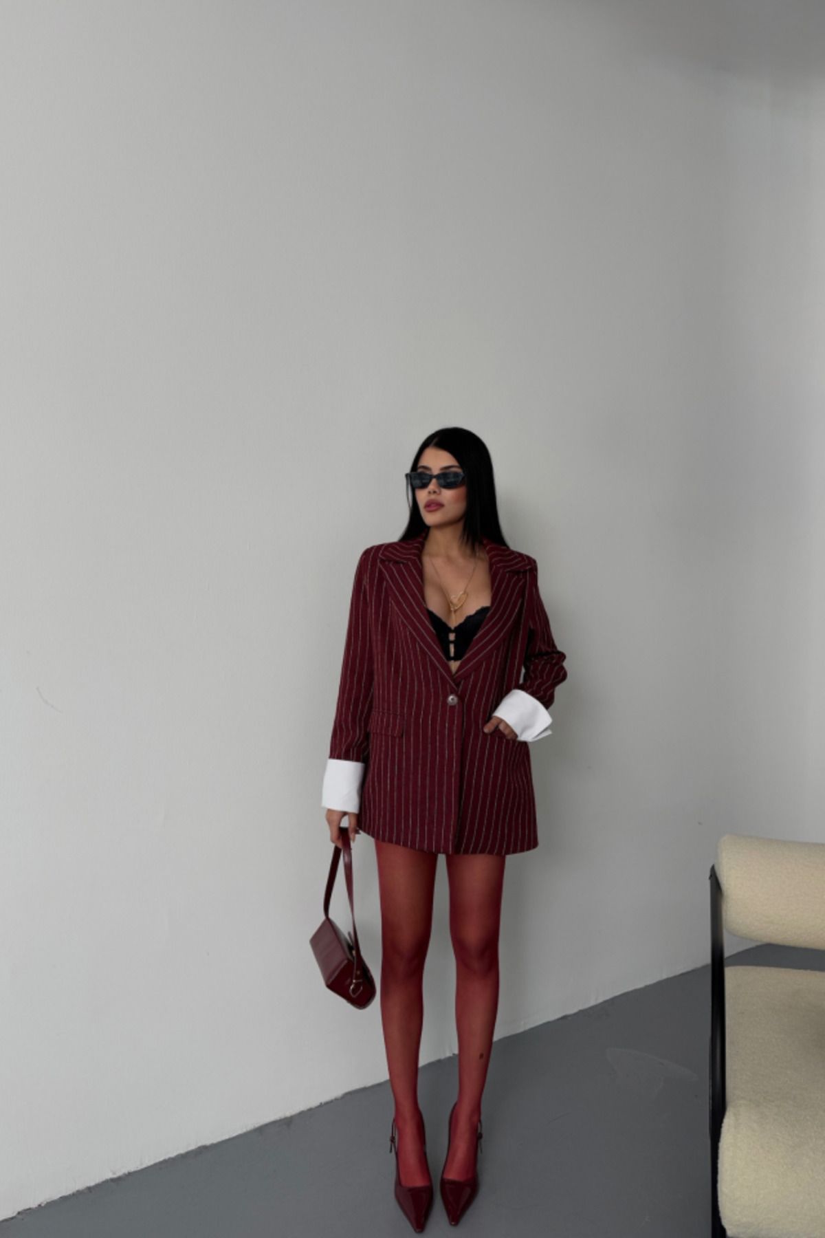 DEAG ÇİZGİLİ CEKET TEK DÜĞME EKRU MANŞET - Bordo