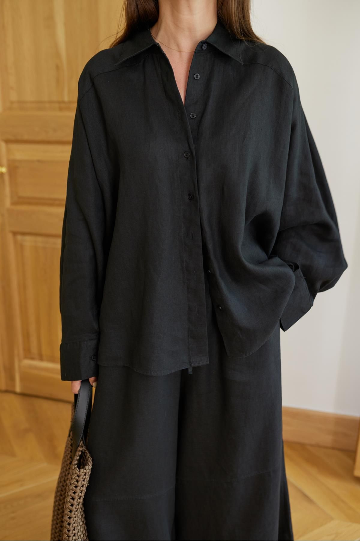 Askı Tekstil Siyah Çift Manşet Detaylı Oversize Keten Gömlek