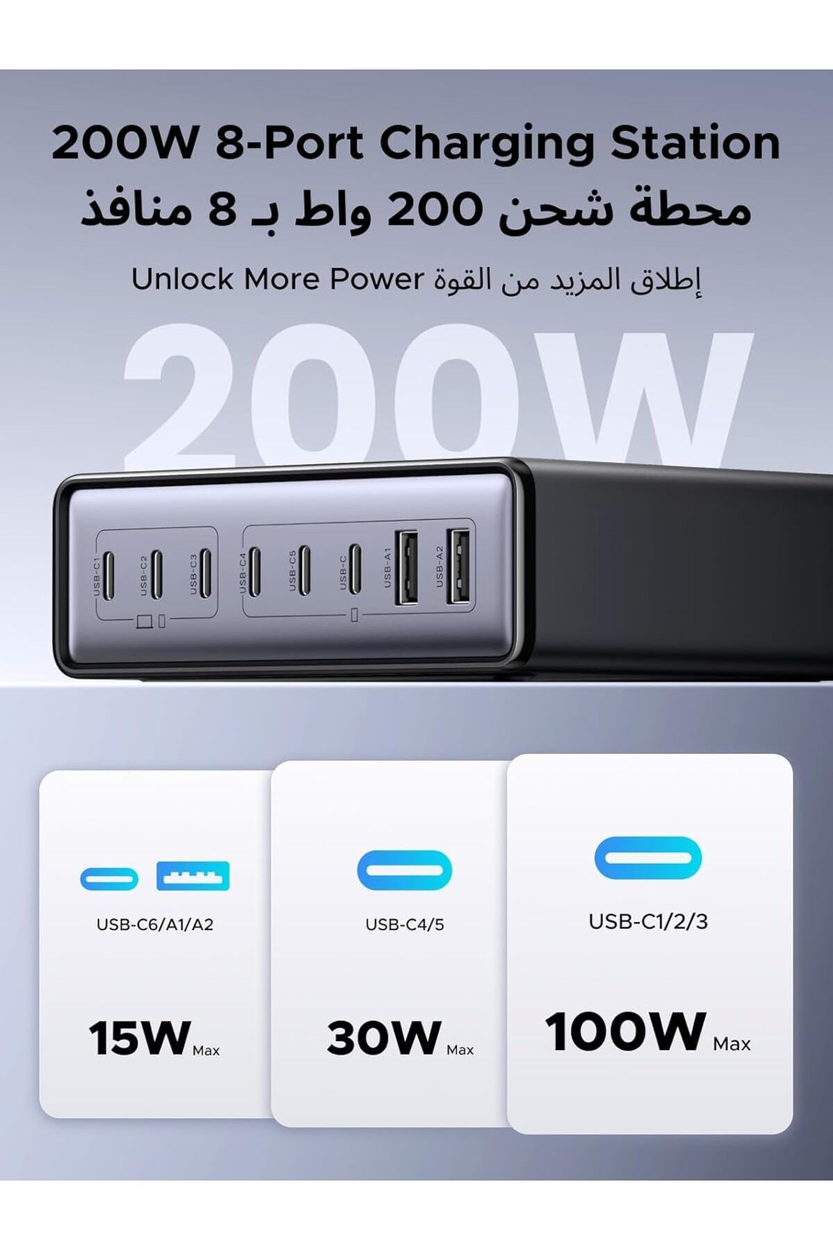 Ugreen-Nexode 200W 8-Ports USB C Charging Station, GaN Fast Charging Adapter with Multiple Protectio 5