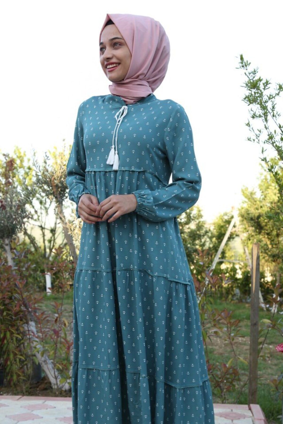 DEAG 1627 Yaka Bağcıklı Tesettür Elbise - Mint