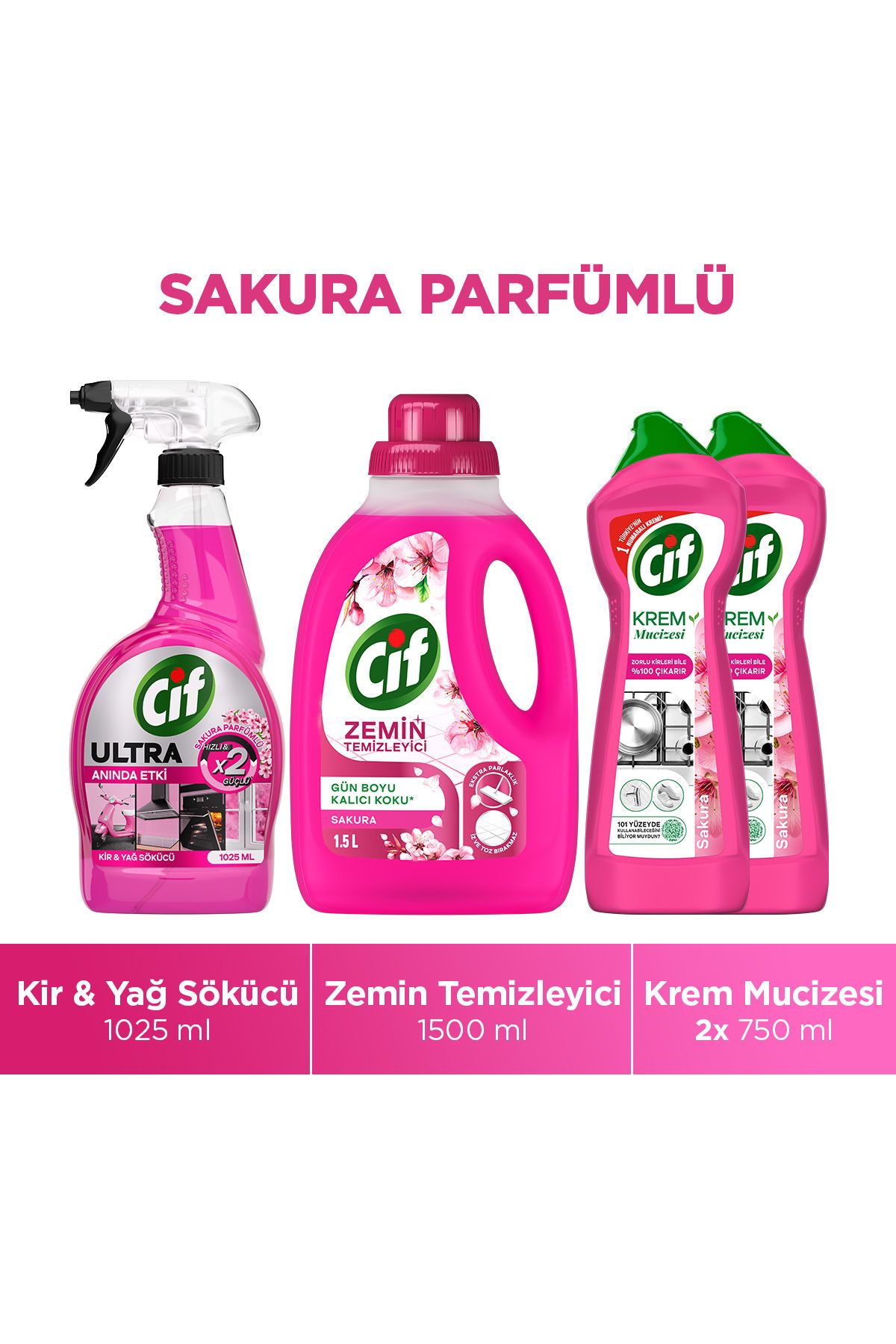 Cif Ultra Sprey Sakura Parfümlü 1025 ml x1 + Cif Krem Sakura Parfümlü 750 ml x2 + Cif GPC Sakura x1